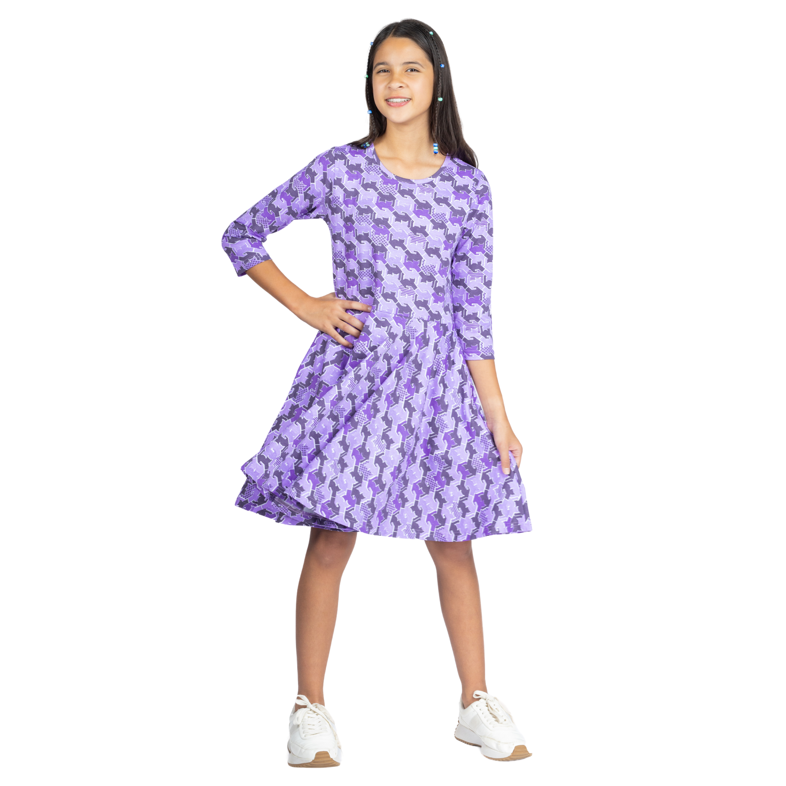 Cat Tessellation 3/4th Sleeves Kids Twirl Dress