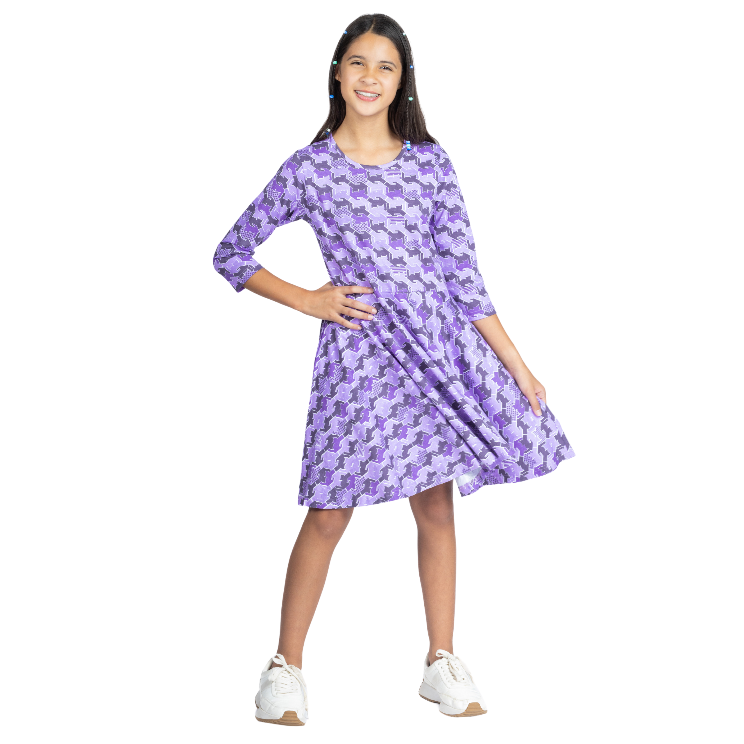 Cat Tessellation 3/4th Sleeves Kids Twirl Dress