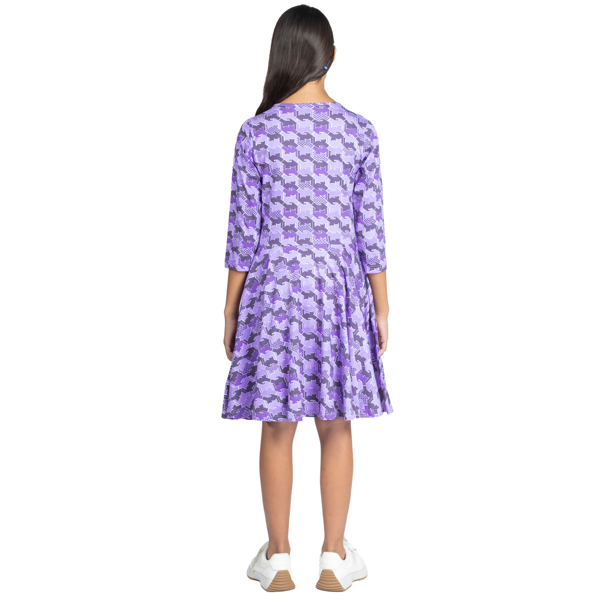 Cat Tessellation 3/4th Sleeves Kids Twirl Dress