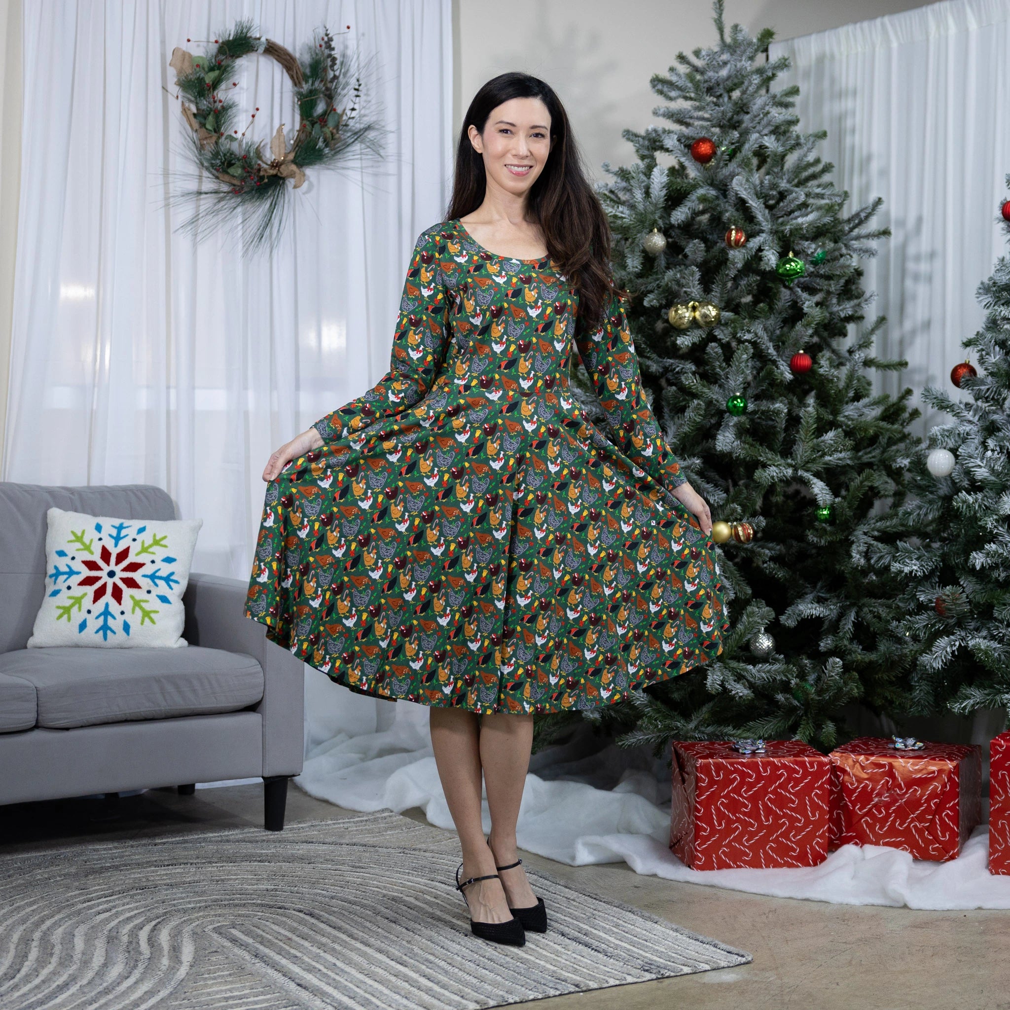 Deerose Women's Thanksgiving Turkey Print Dress – Long Sleeve A-Line Holiday Party Dress