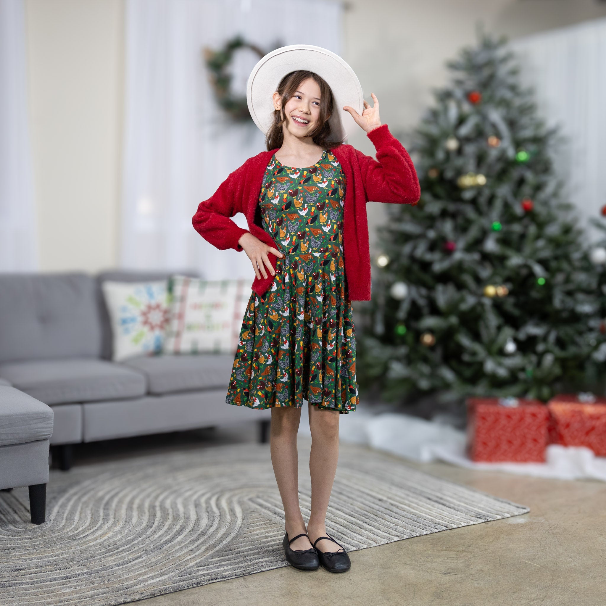 Christmas Chickens Long Sleeve Kids Twirl Dress