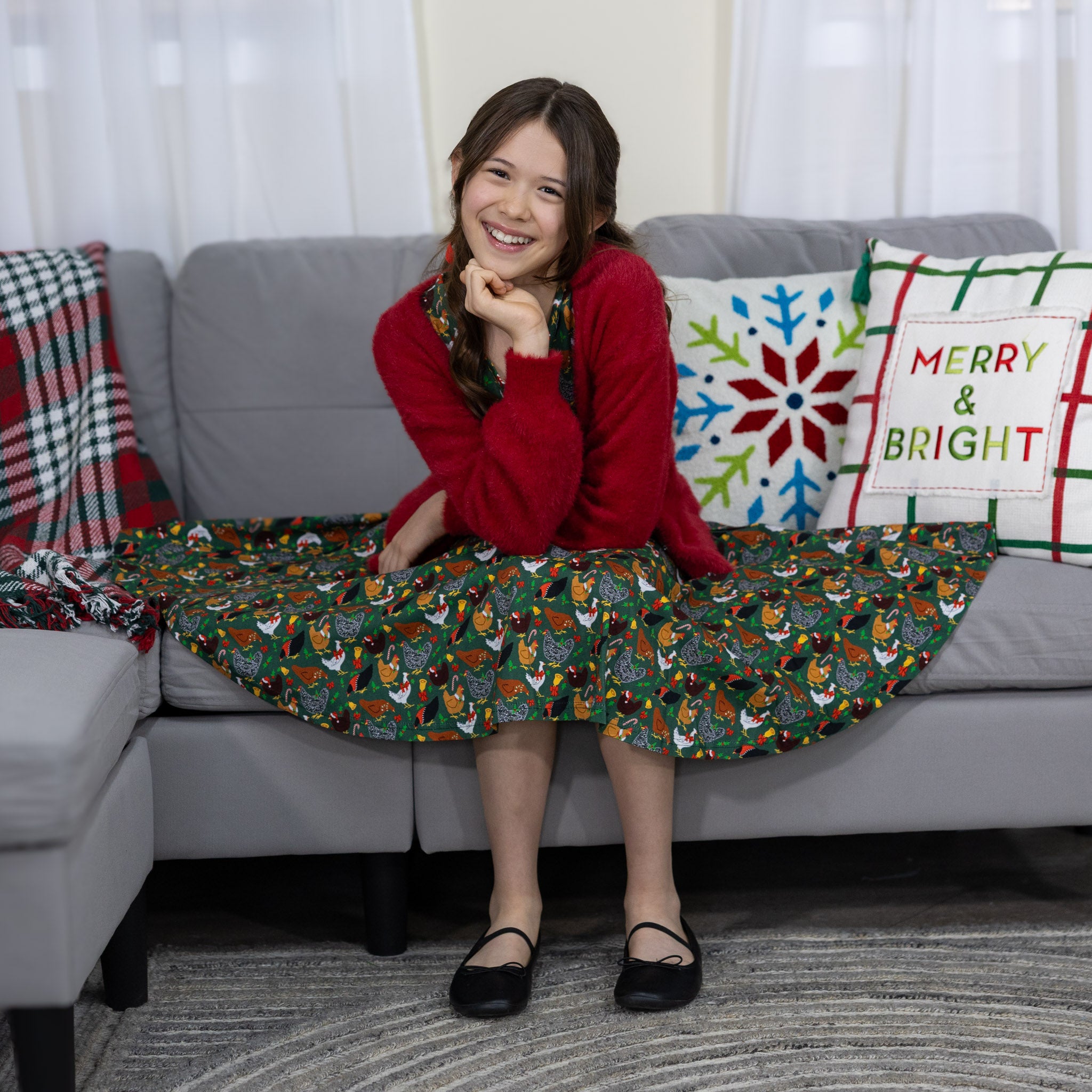 Christmas Chickens Long Sleeve Kids Twirl Dress