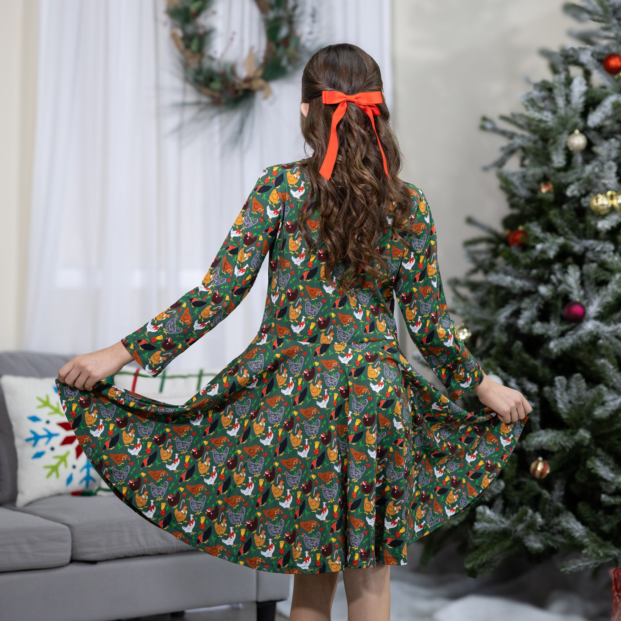 Christmas Chickens Long Sleeve Kids Twirl Dress