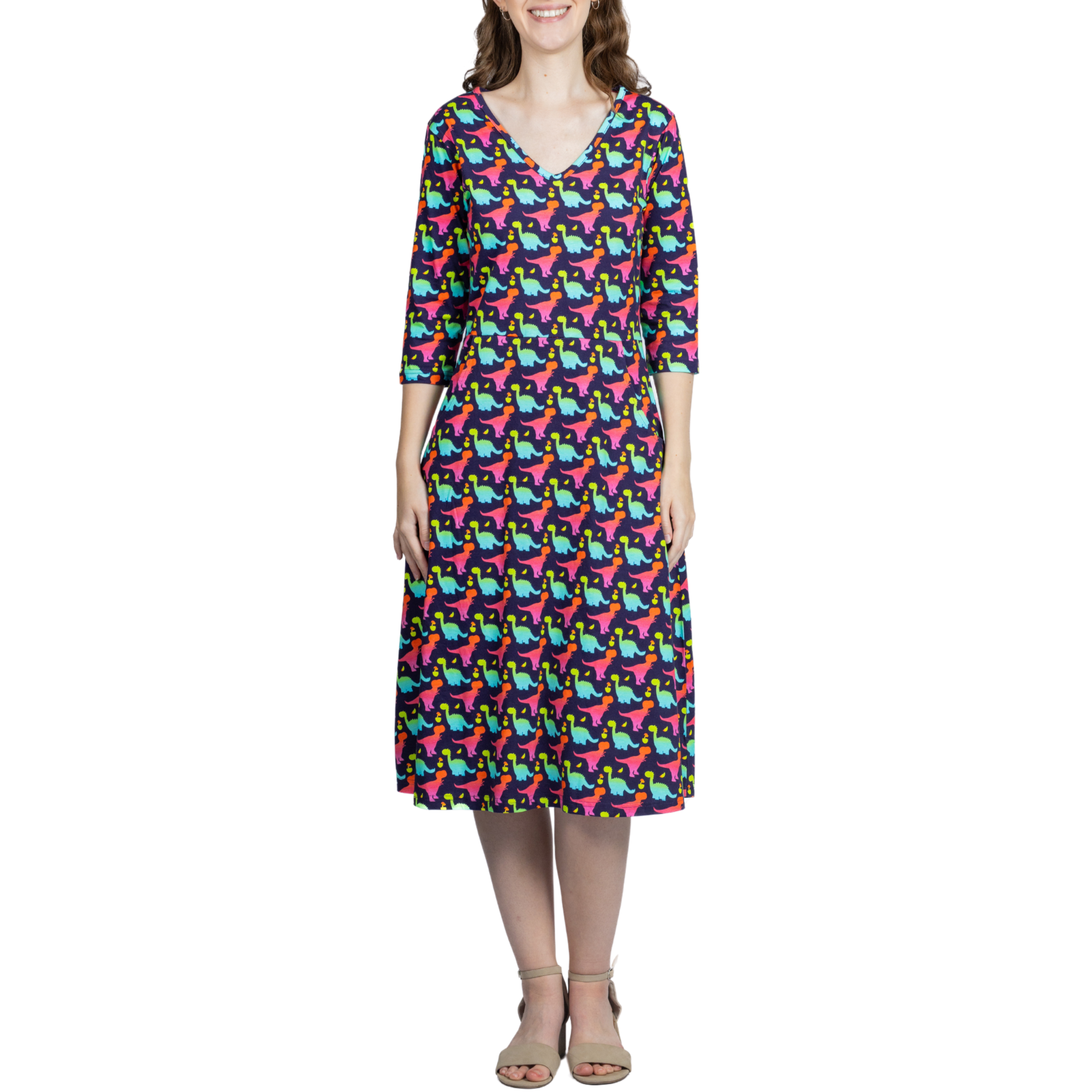 Colorful Dinosaurs 3/4th Sleeves A-Line Midi Dress (With Waist Seam)