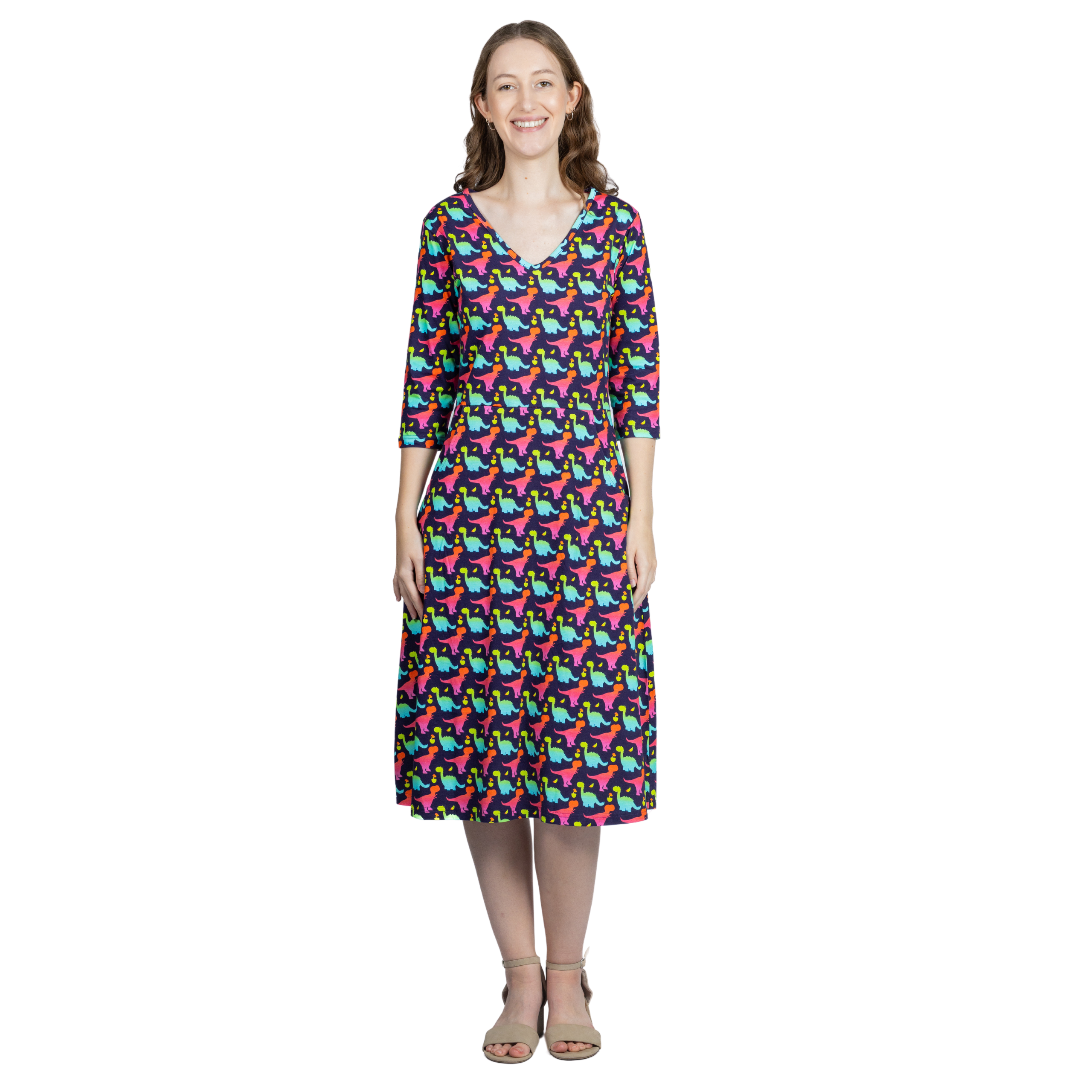 Colorful Dinosaurs 3/4th Sleeves A-Line Midi Dress (With Waist Seam)