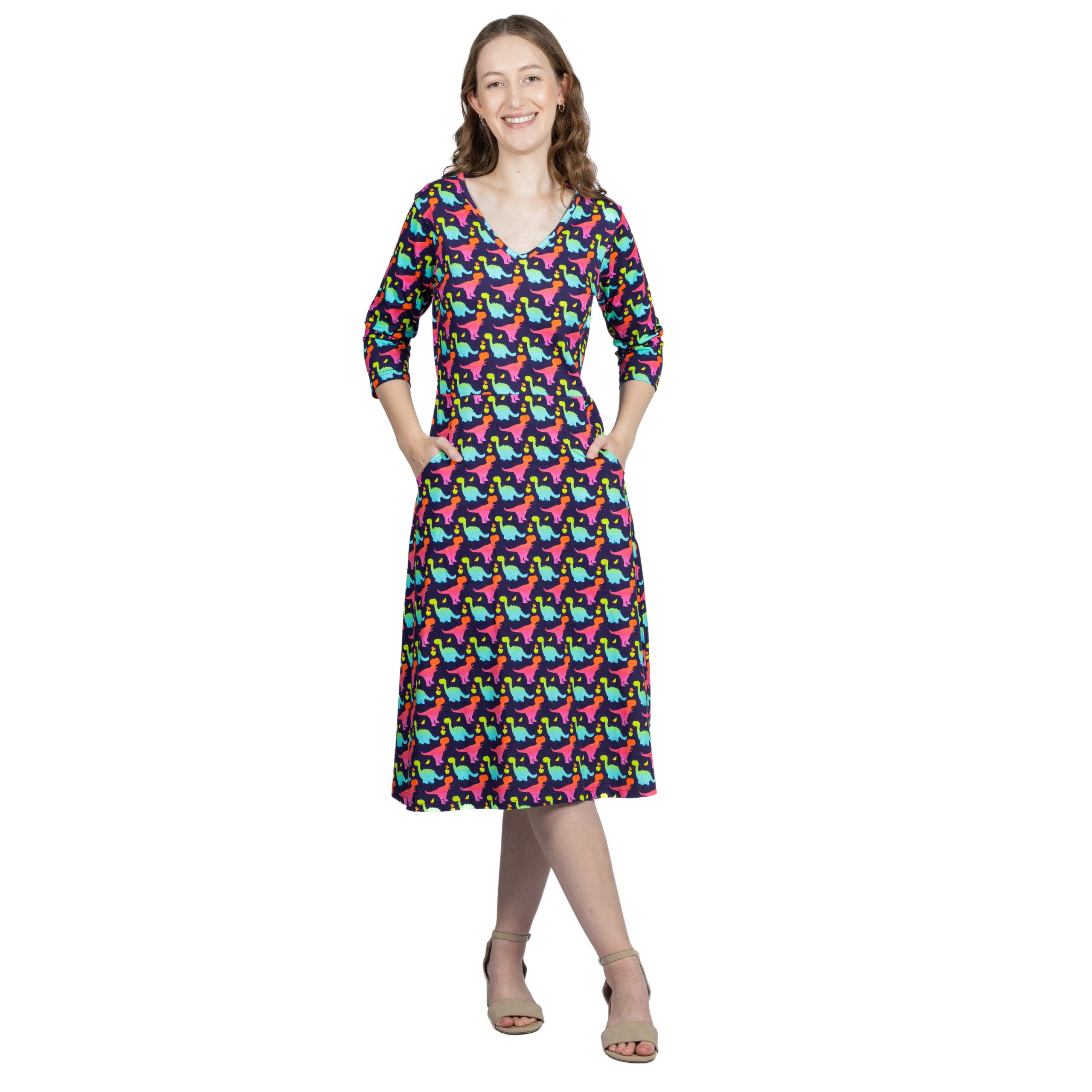 Colorful Dinosaurs 3/4th Sleeves A-Line Midi Dress (With Waist Seam)