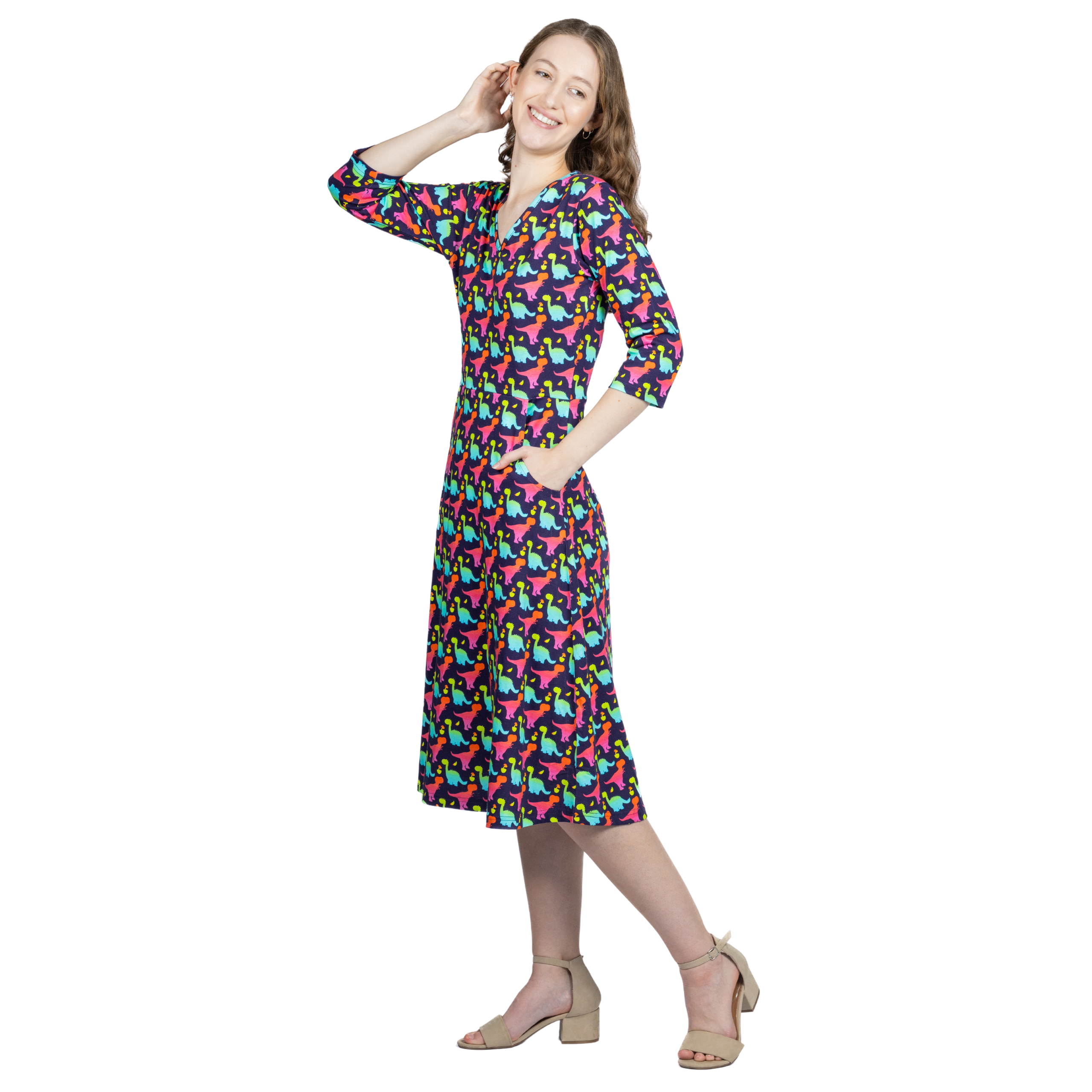 Colorful Dinosaurs 3/4th Sleeves A-Line Midi Dress (With Waist Seam)