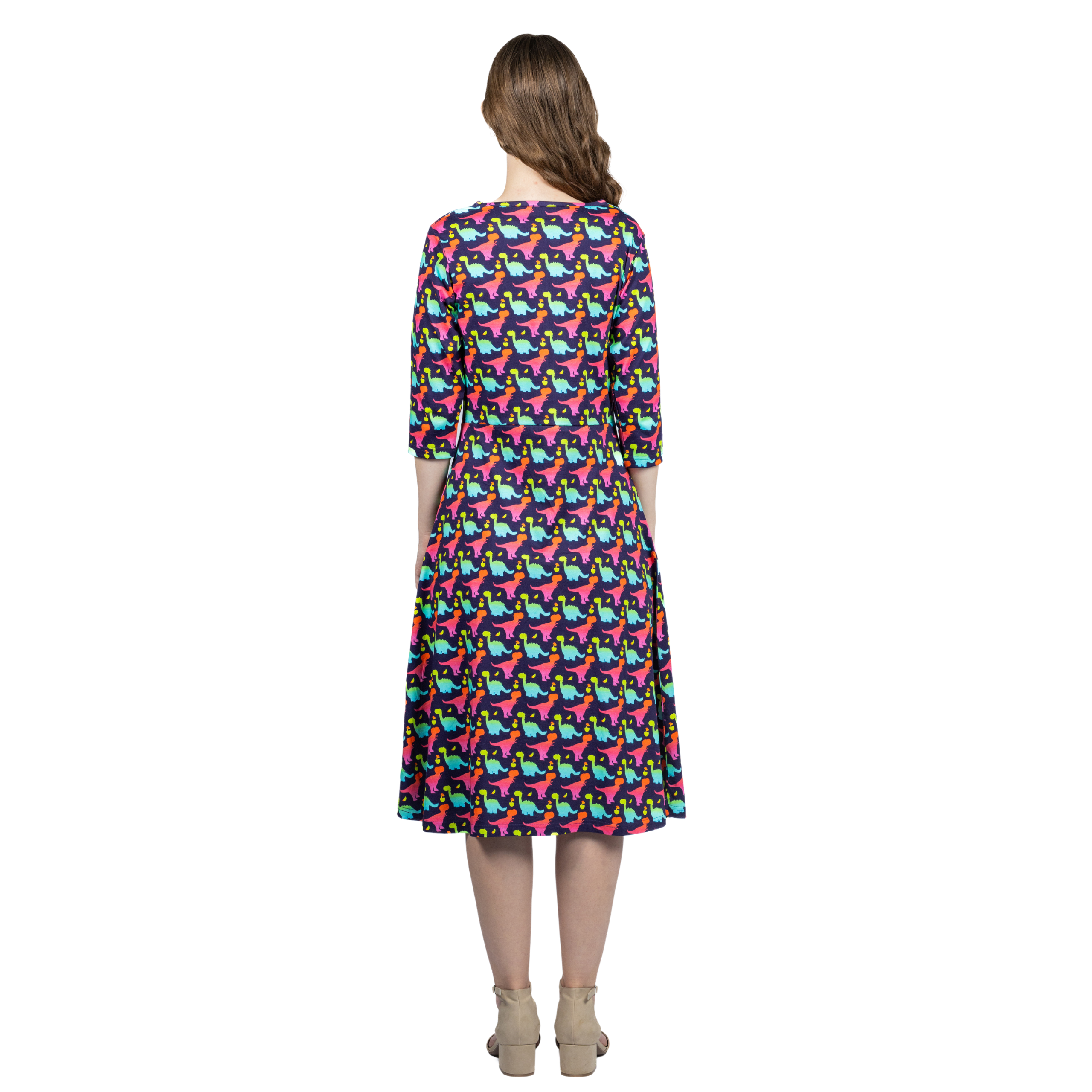 Colorful Dinosaurs 3/4th Sleeves A-Line Midi Dress (With Waist Seam)