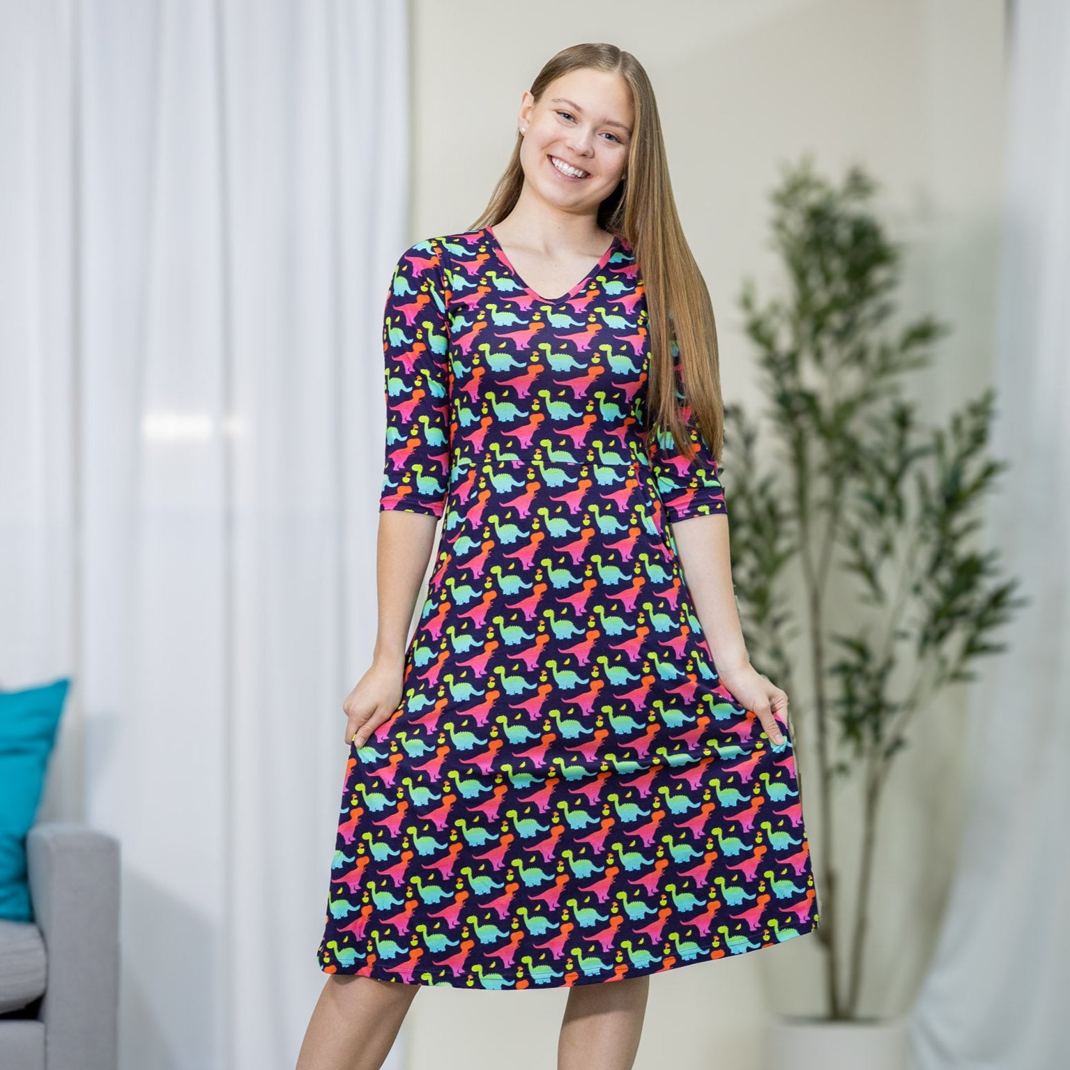 Colorful Dinosaurs 3/4th Sleeves A-Line Midi Dress (With