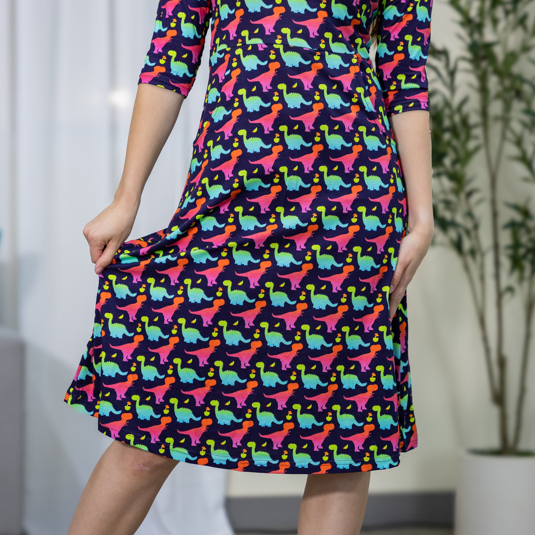 Colorful Dinosaurs 3/4th Sleeves A-Line Midi Dress (With Waist Seam)