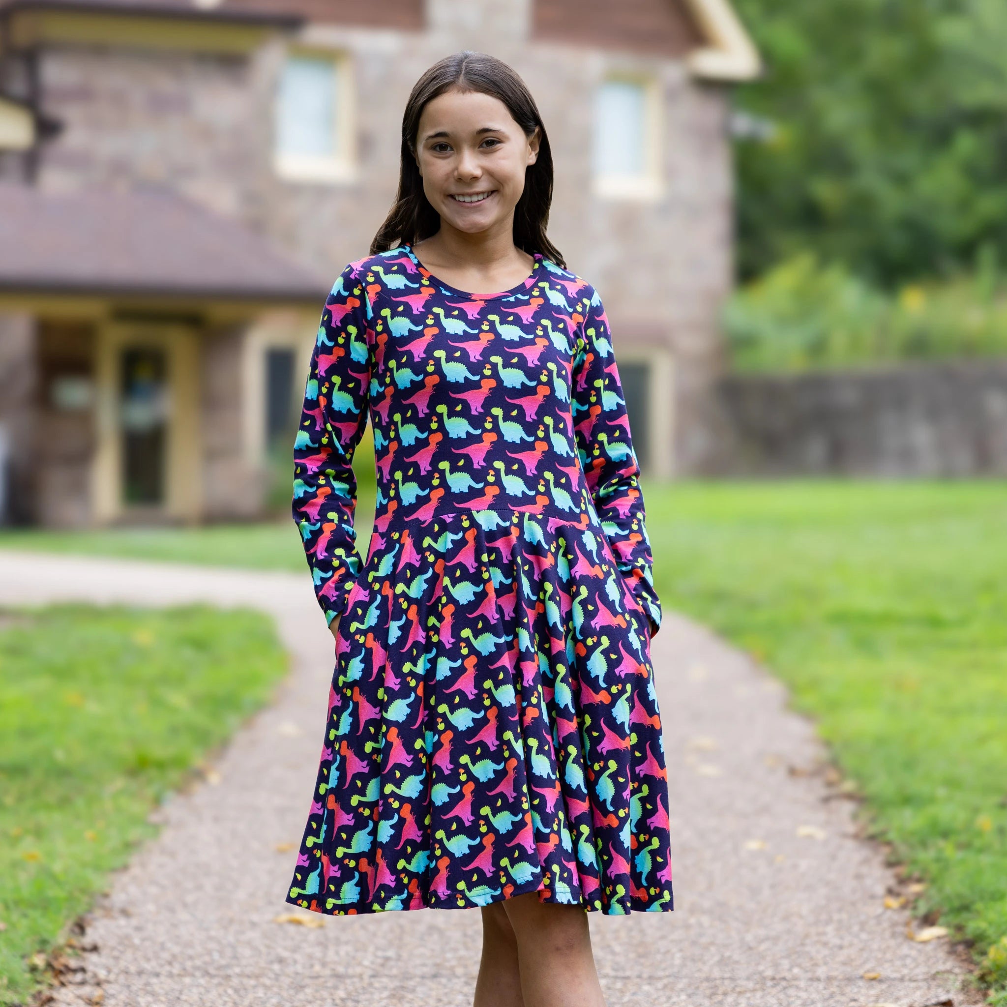 Colorful Dinosaurs Long Sleeve Kids Twirl Dress