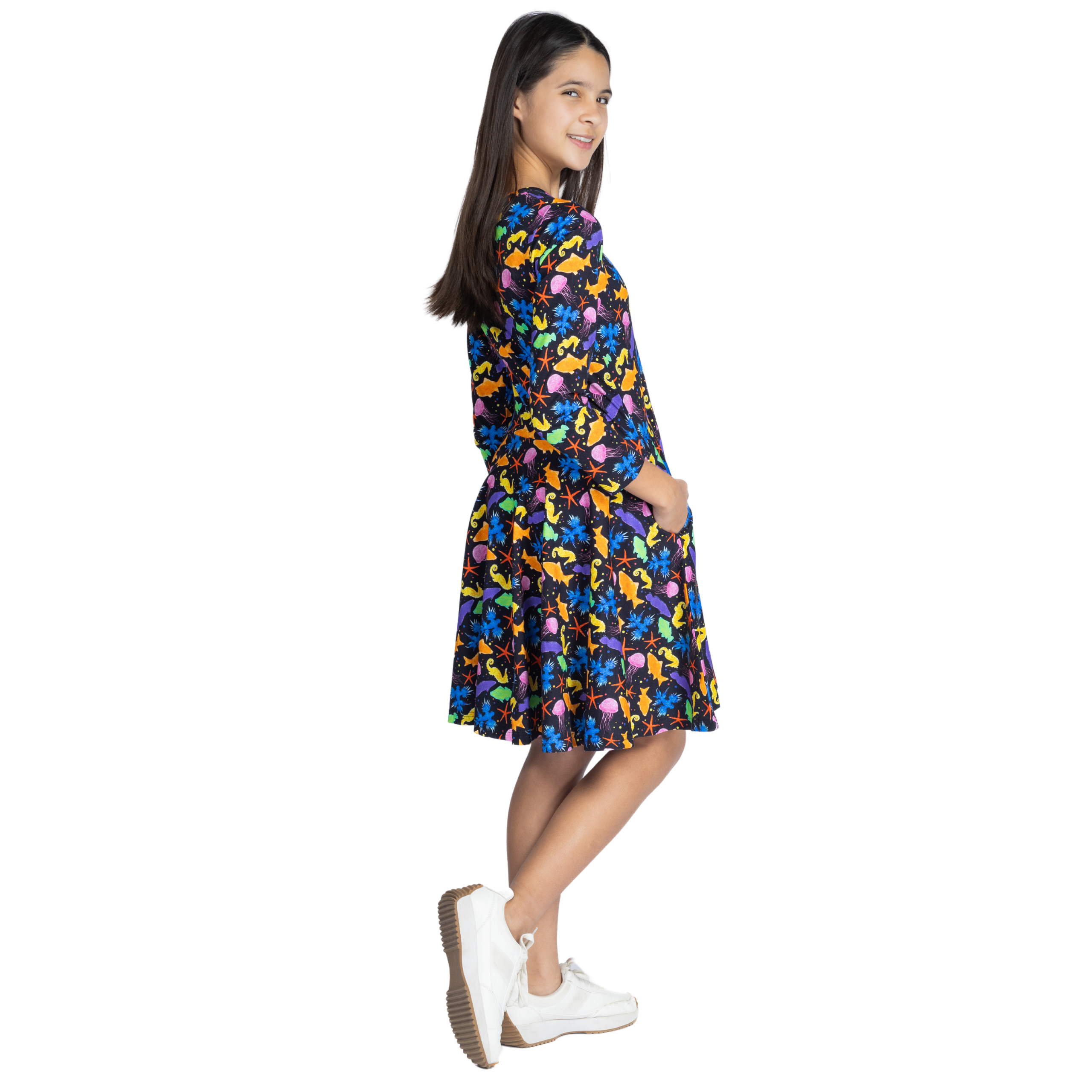 Colorful Sea Long Sleeve Kids Twirl Dress