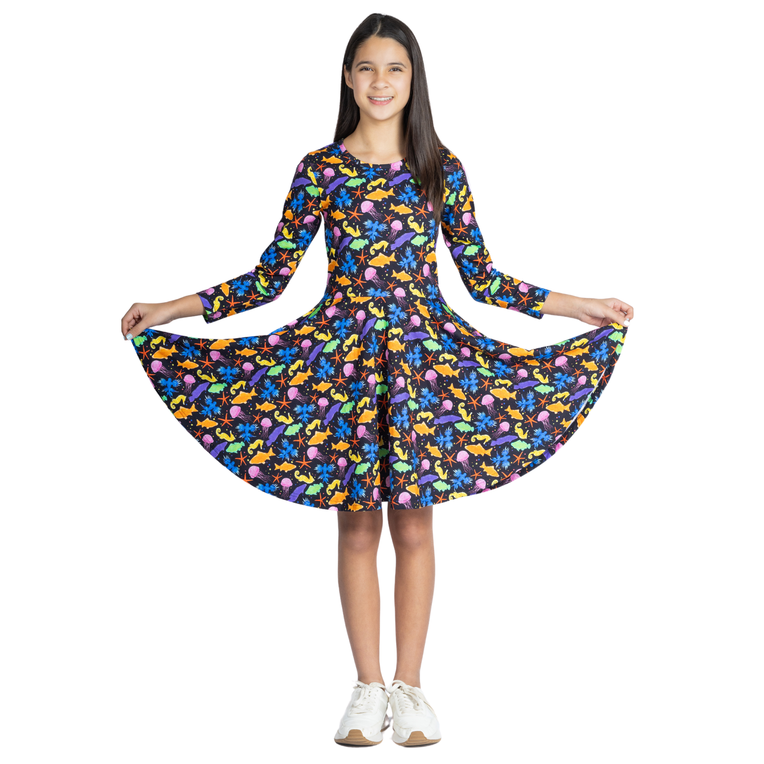 Colorful Sea Long Sleeve Kids Twirl Dress