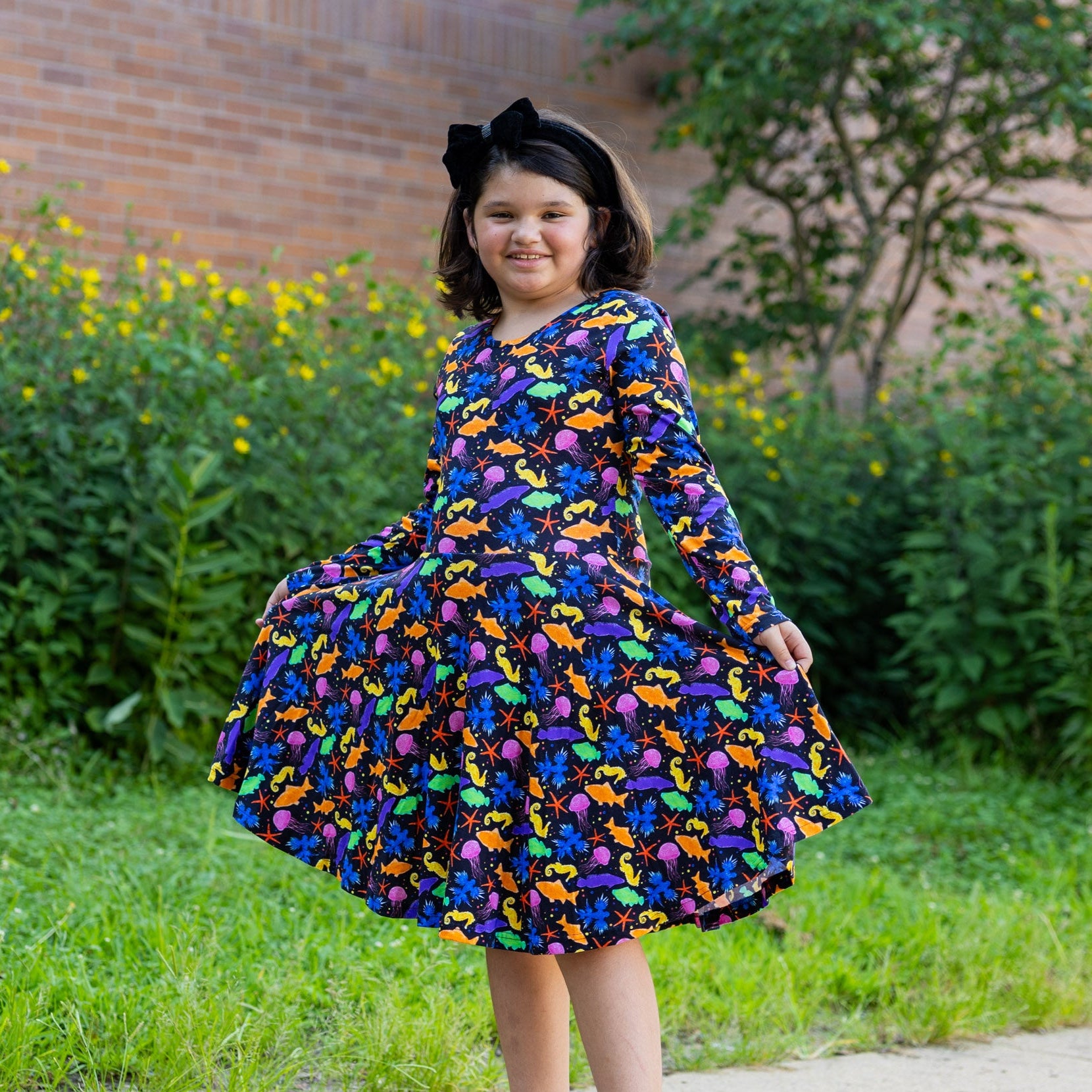 Colorful Sea Long Sleeve Kids Twirl Dress