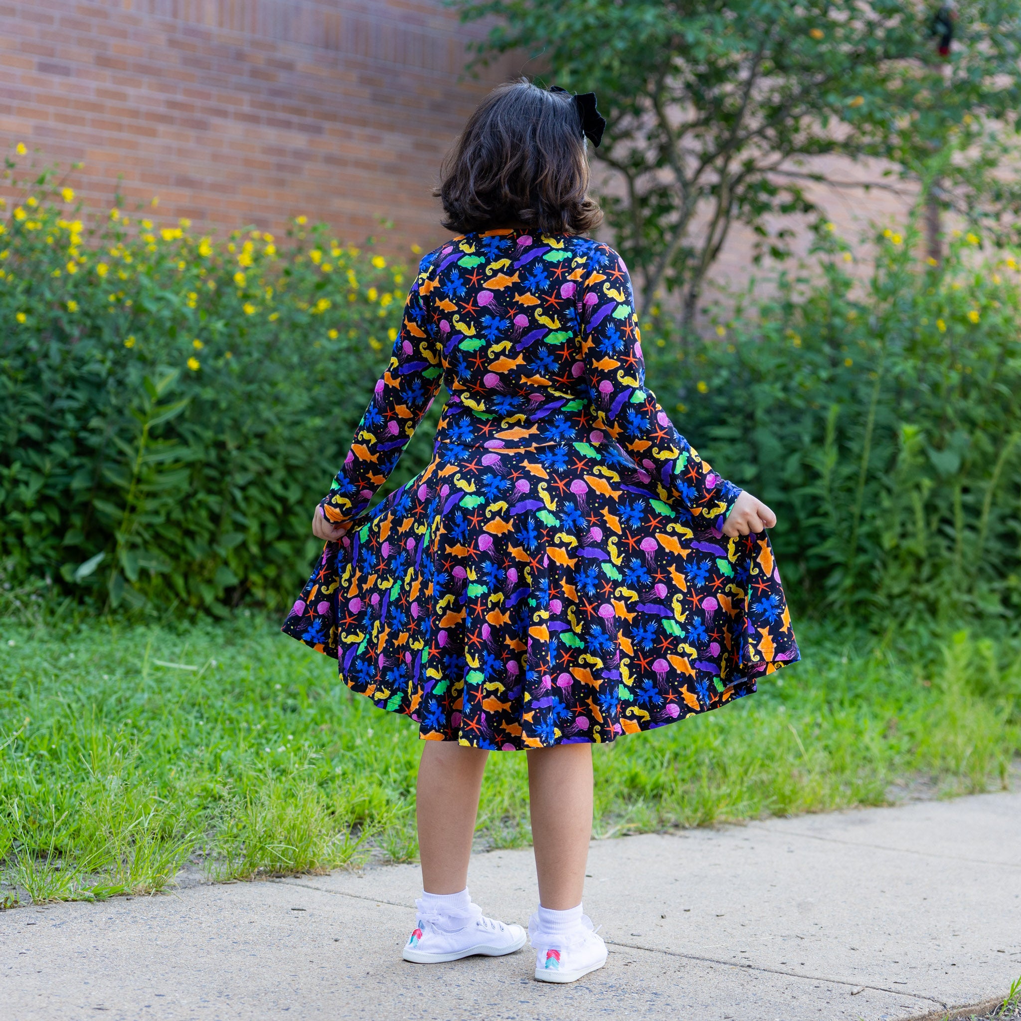 Colorful Sea Long Sleeve Kids Twirl Dress