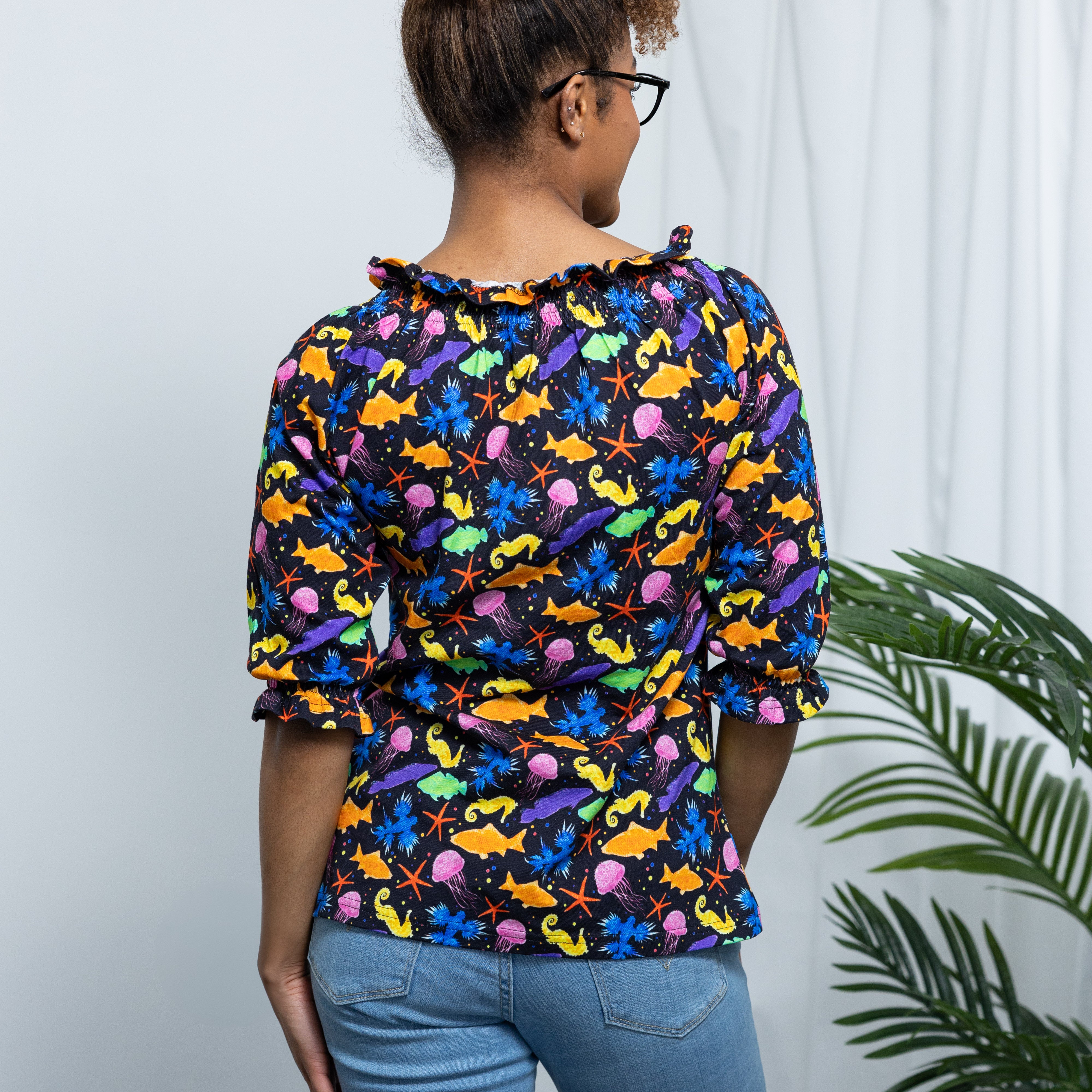 Colorful Sea 3/4th Sleeves Smocked Top