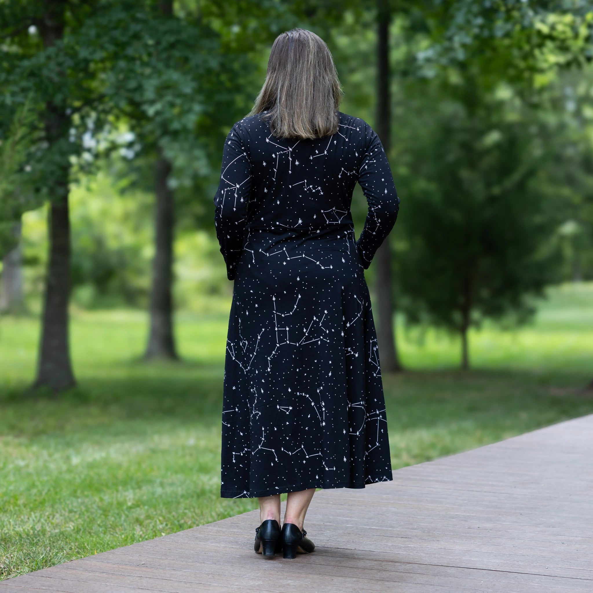 Constellations Glow-in-the-dark Long Sleeves Midi Dress (With Waist Seam)