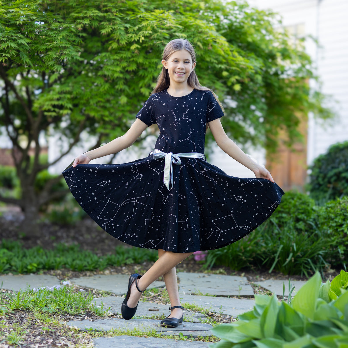 Constellations Glow-in-the-Dark Short Sleeve Kids Twirl Dress Constellations Glow-in-the-Dark Short Sleeve Kids Twirl Dress