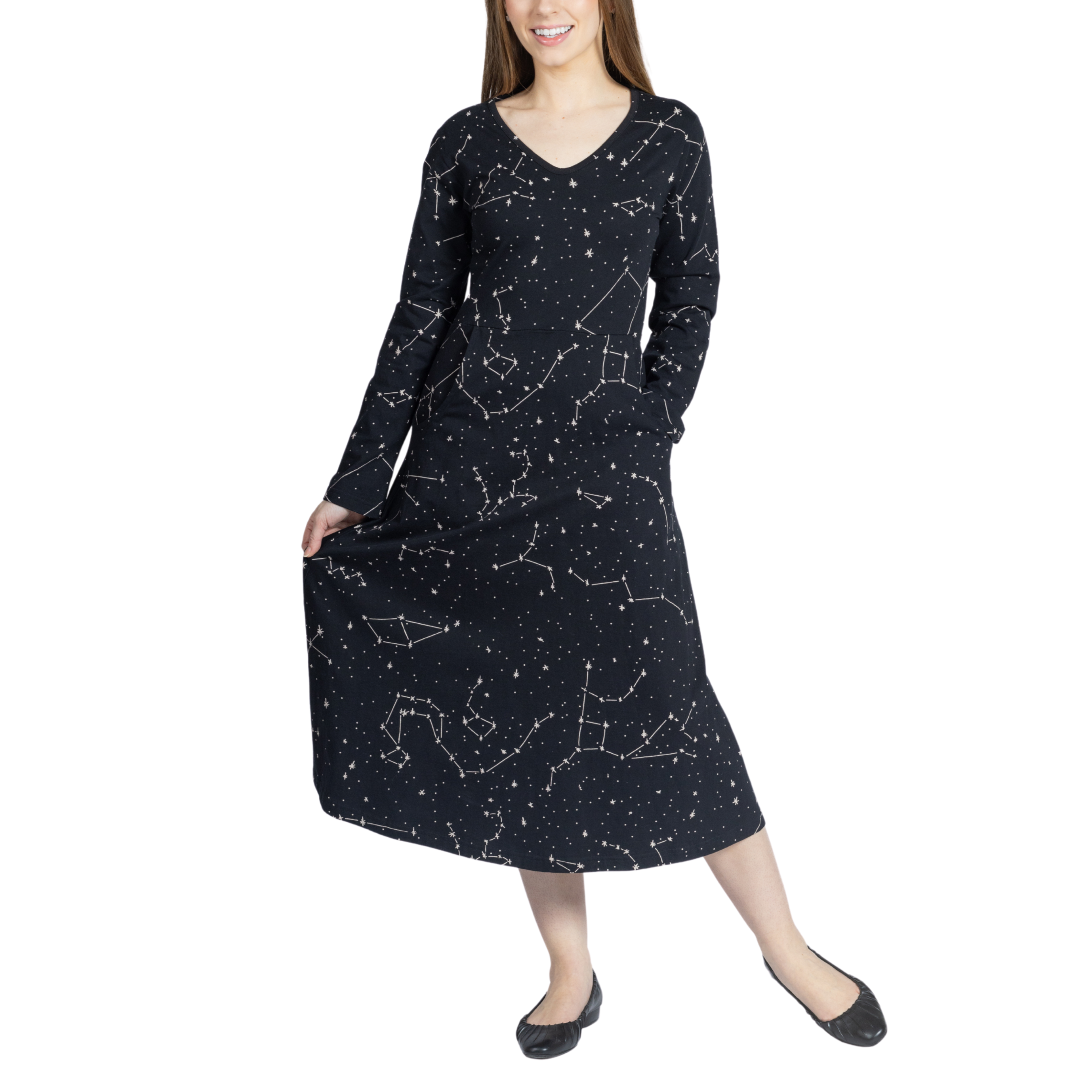 Constellations Glow-in-the-dark Long Sleeves Midi Dress (With Waist Seam)