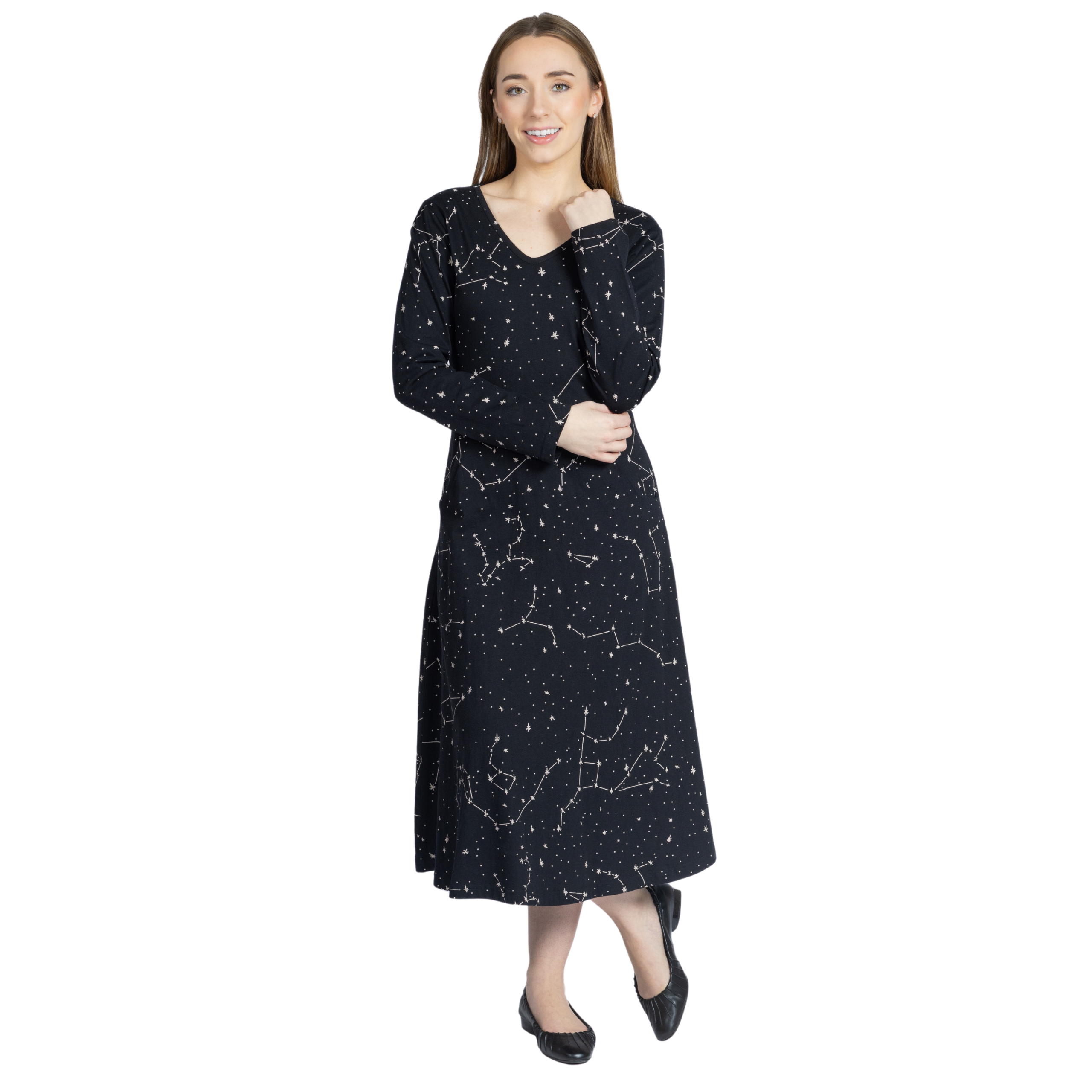 Constellations Glow-in-the-dark Long Sleeves Midi Dress (With Waist Seam)