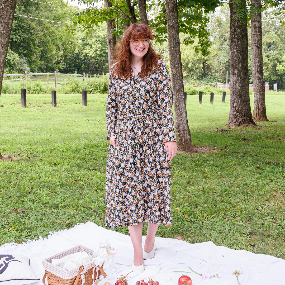Corgi Steed Button-Up Midi Dress with Pockets