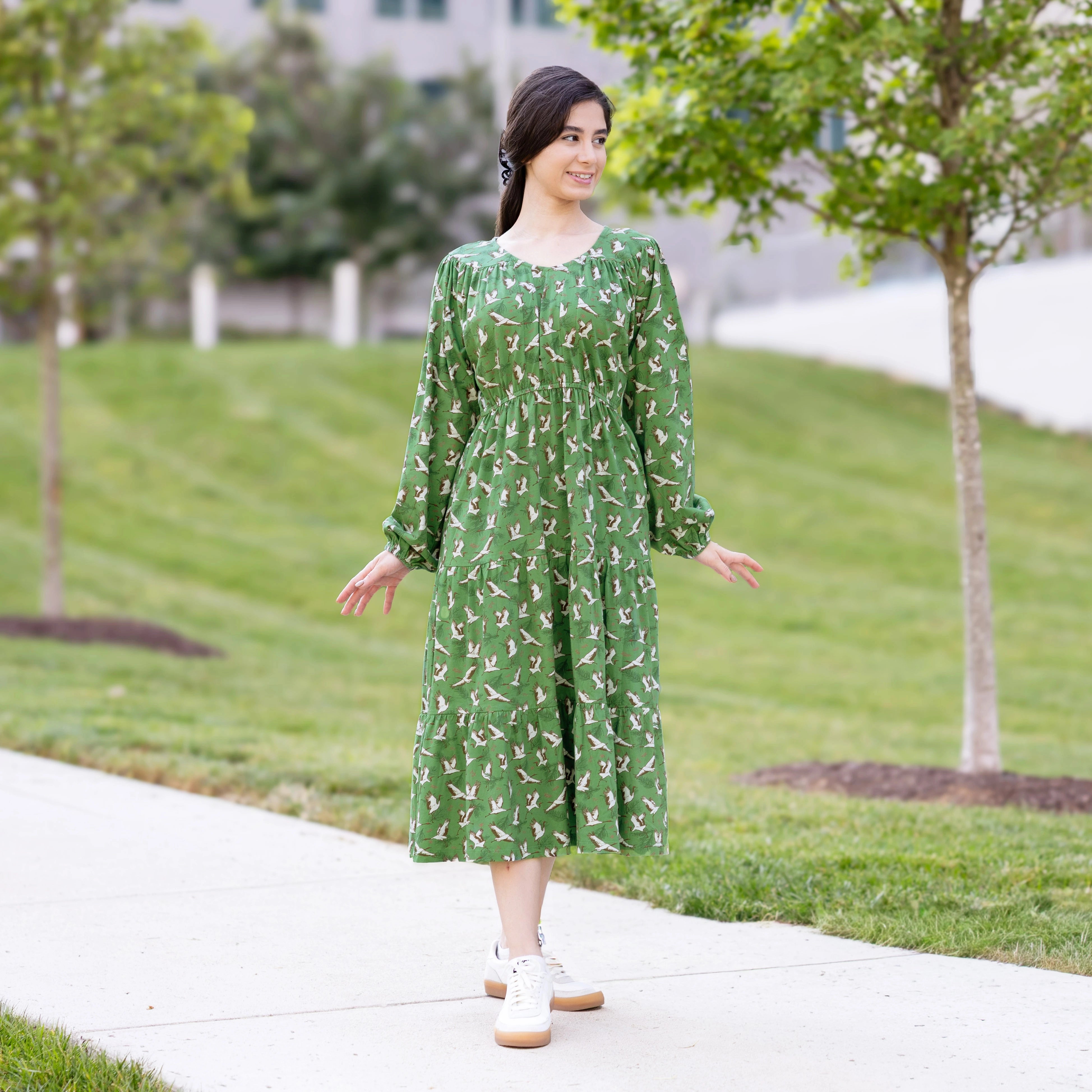 Cranes Long Sleeve Midi Dress (With Waist Seam)