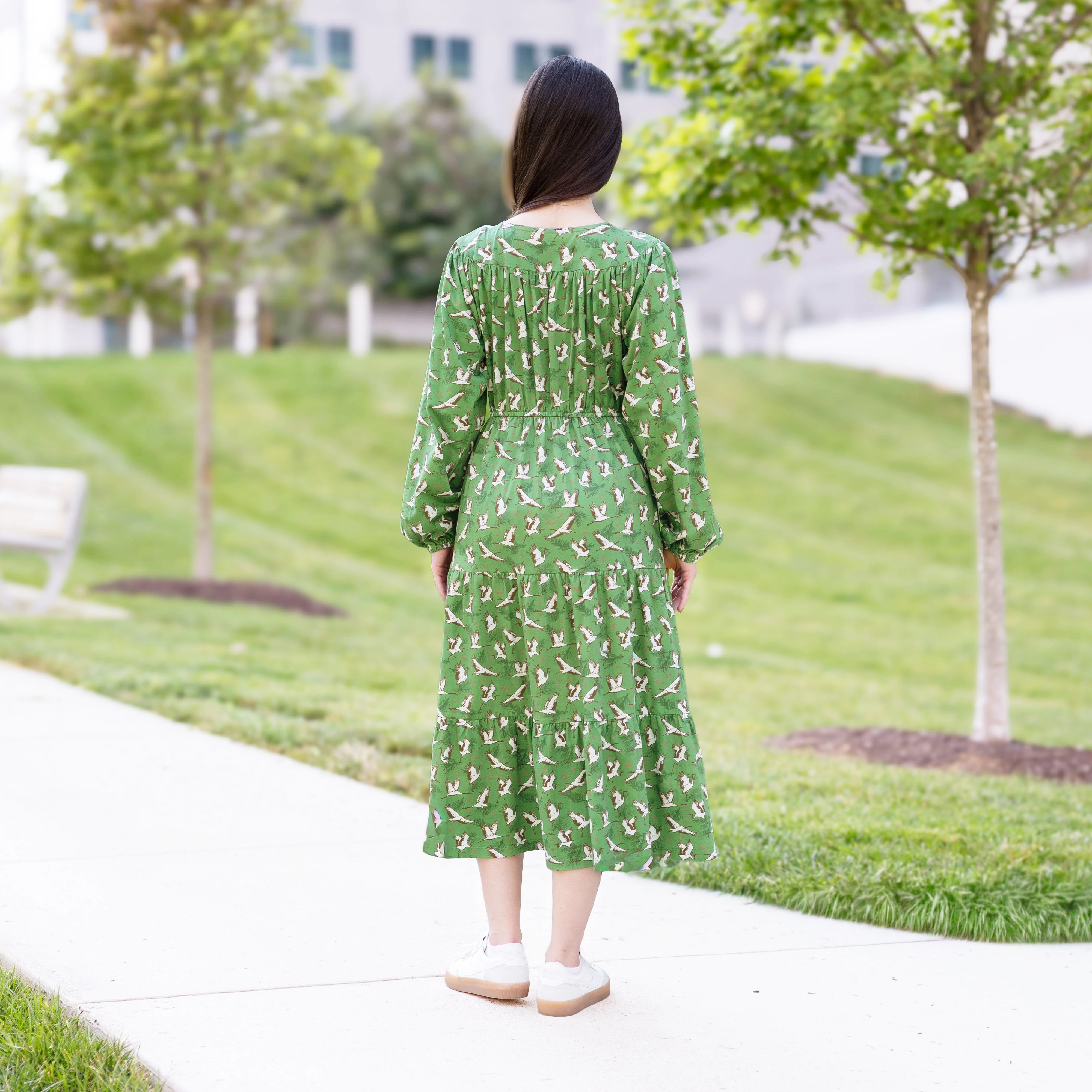 Cranes Long Sleeve Midi Dress (With Waist Seam)