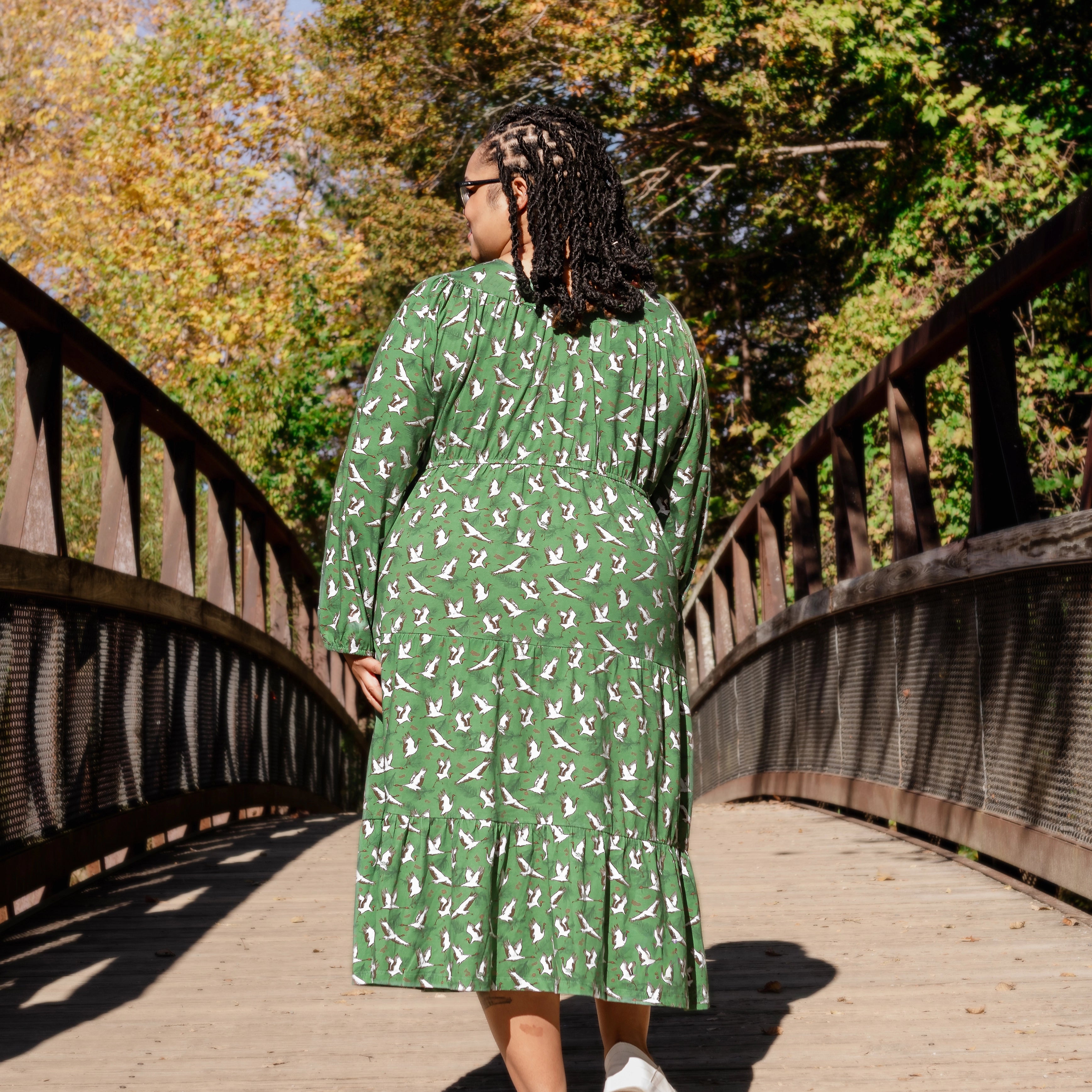 Cranes Long Sleeve Midi Dress (With Waist Seam)