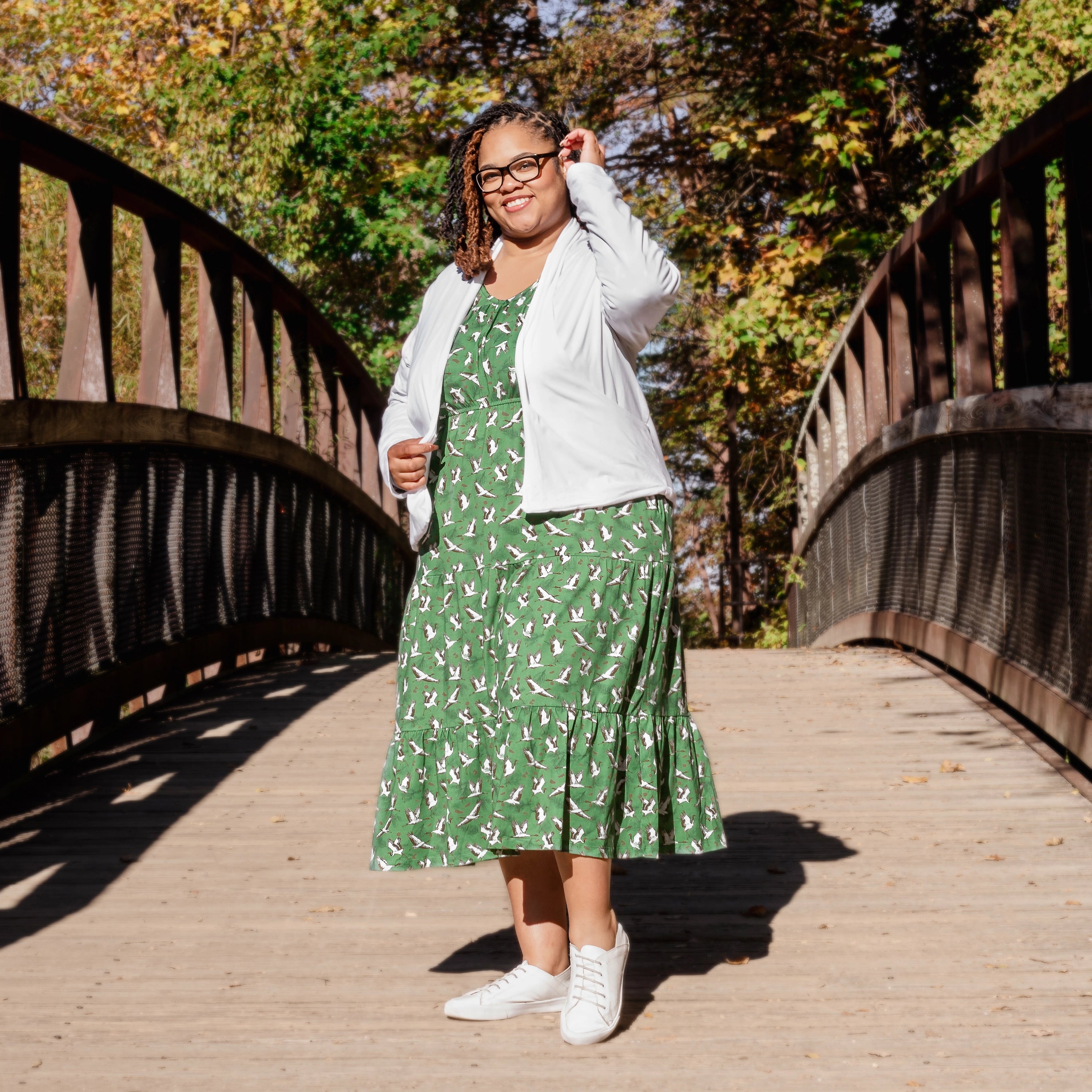 Cranes Long Sleeve Midi Dress (With Waist Seam)