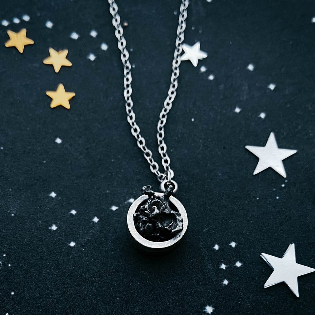 Small Round Meteorite Pendant Necklace in Matte Brushed Silver