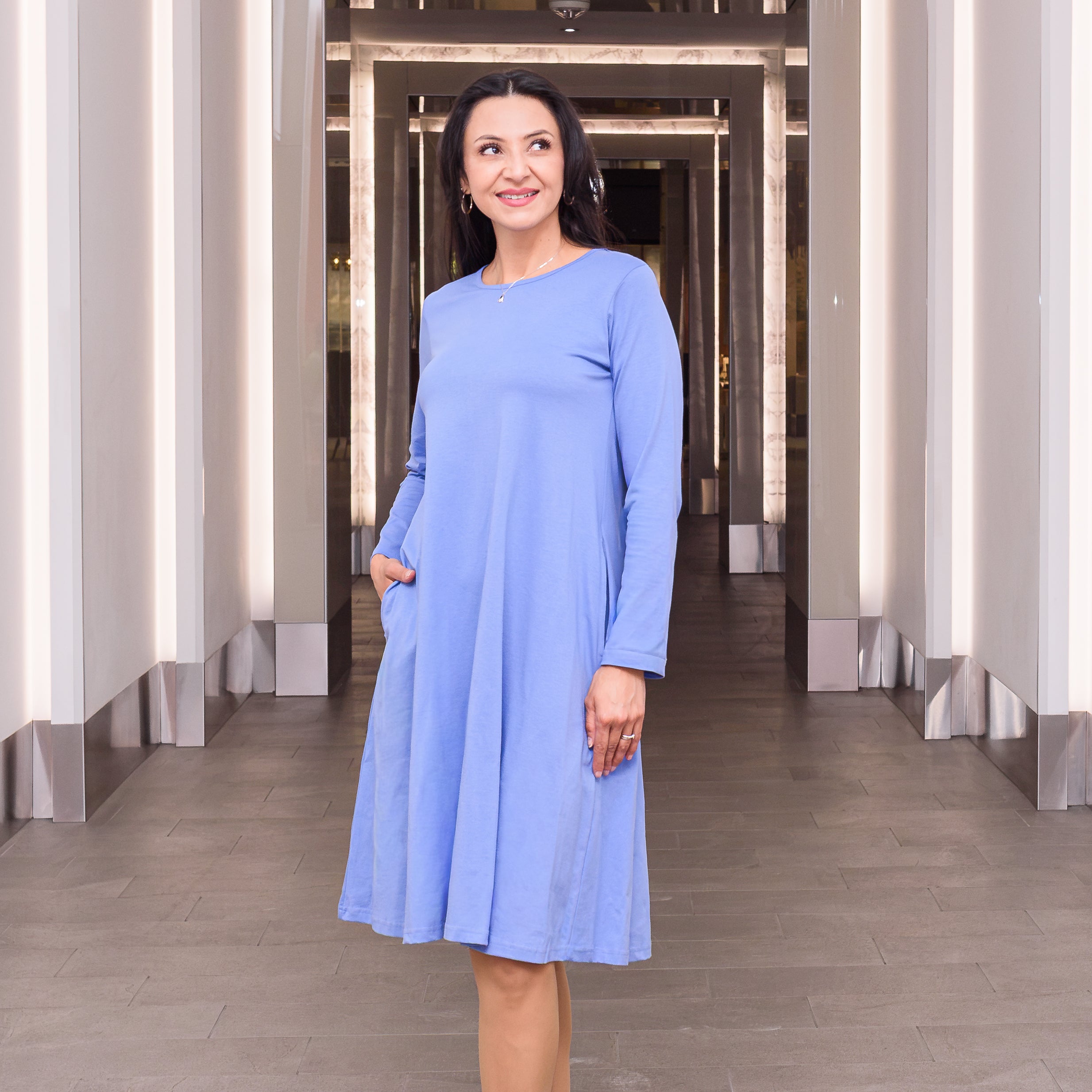 Deep Periwinkle Midi Tunic Dress with Pockets