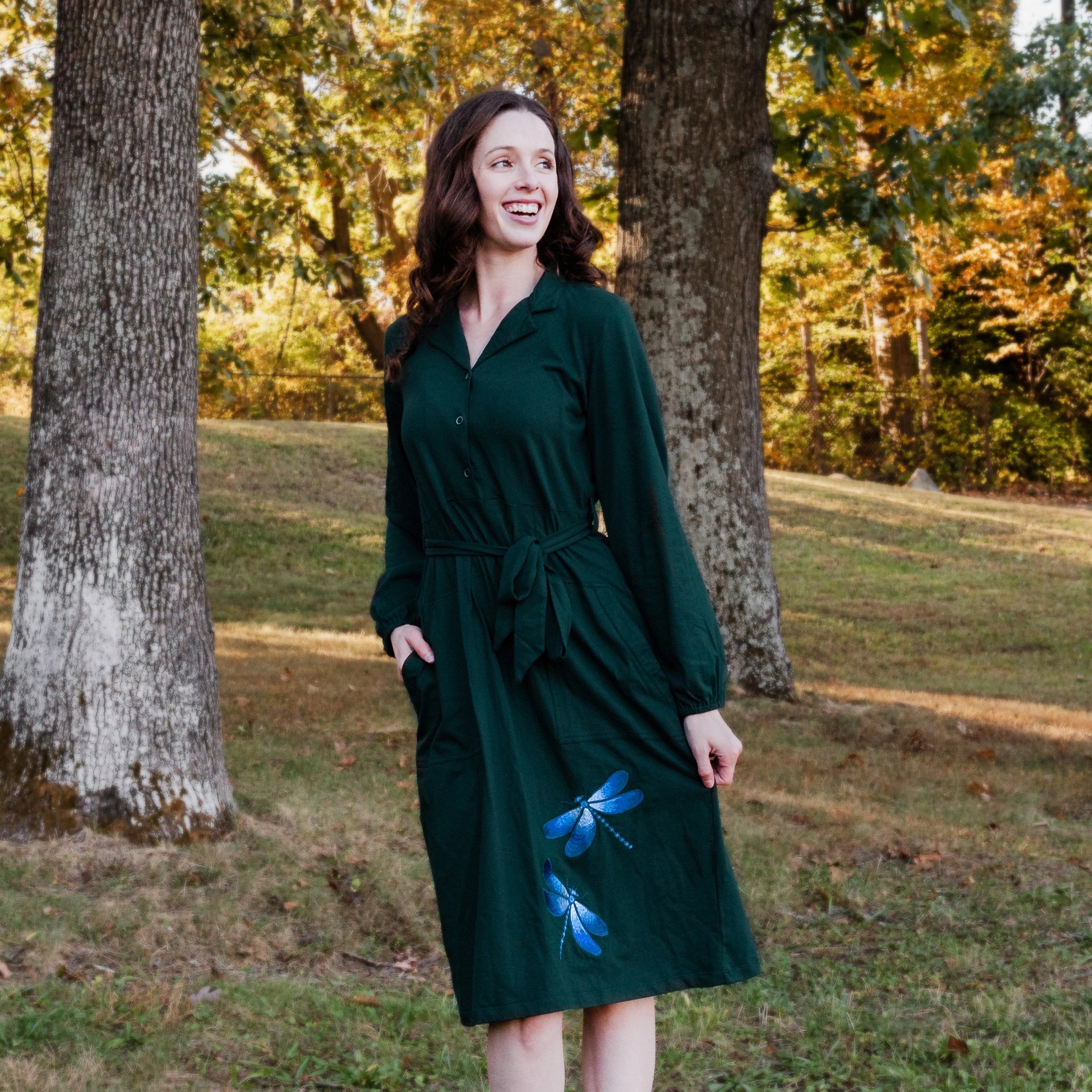 Dragonflies Embroidery Long Sleeve Belted Dress (With Waist Seam)