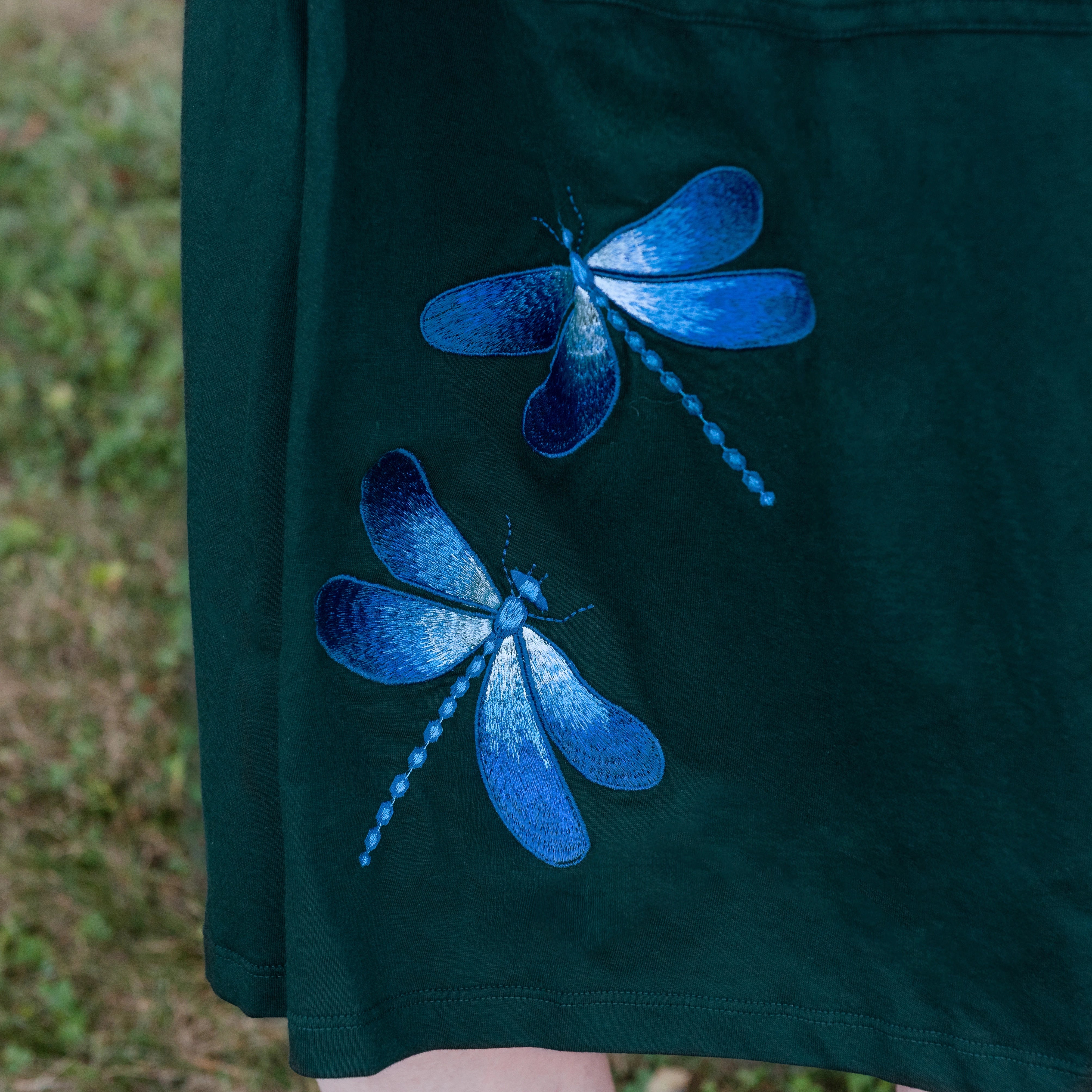 Dragonflies Embroidery Long Sleeve Belted Dress (With Waist Seam)