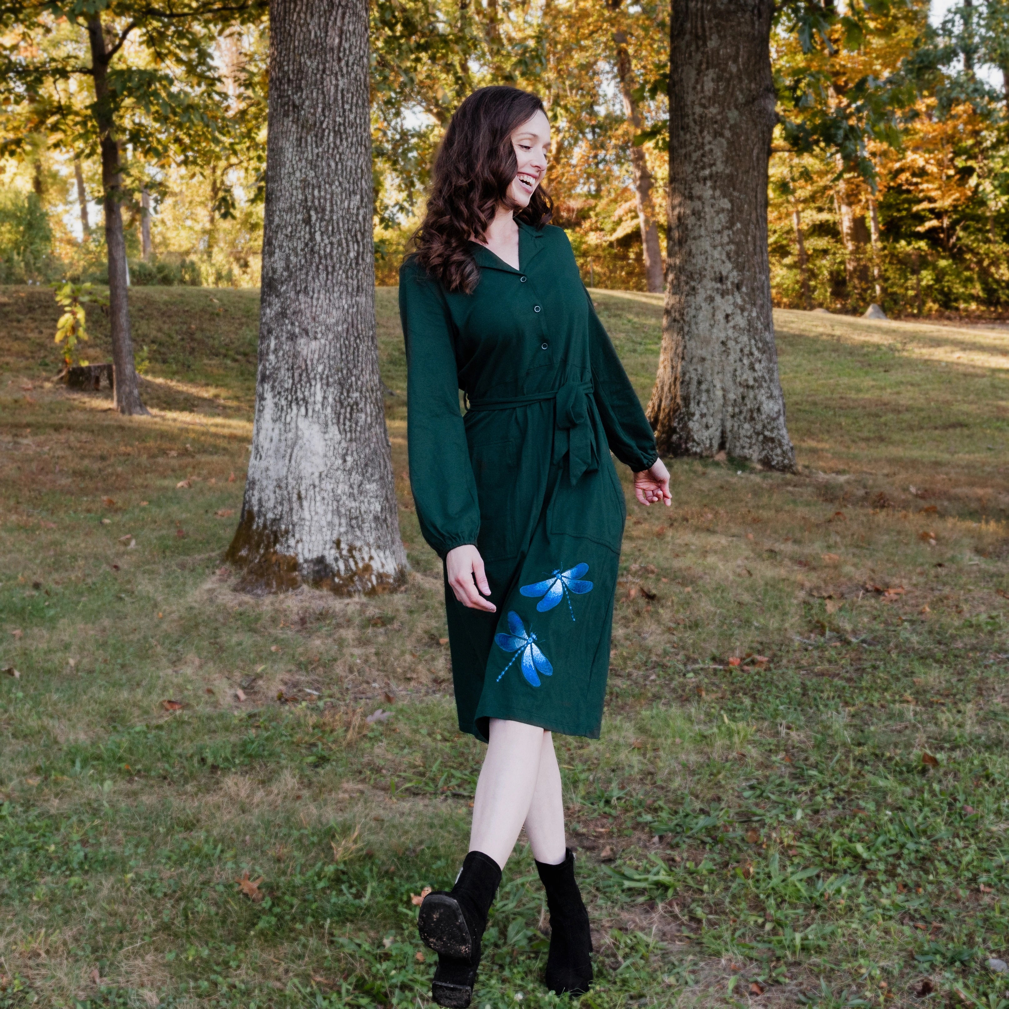 Dragonflies Embroidery Long Sleeve Belted Dress (With Waist Seam)