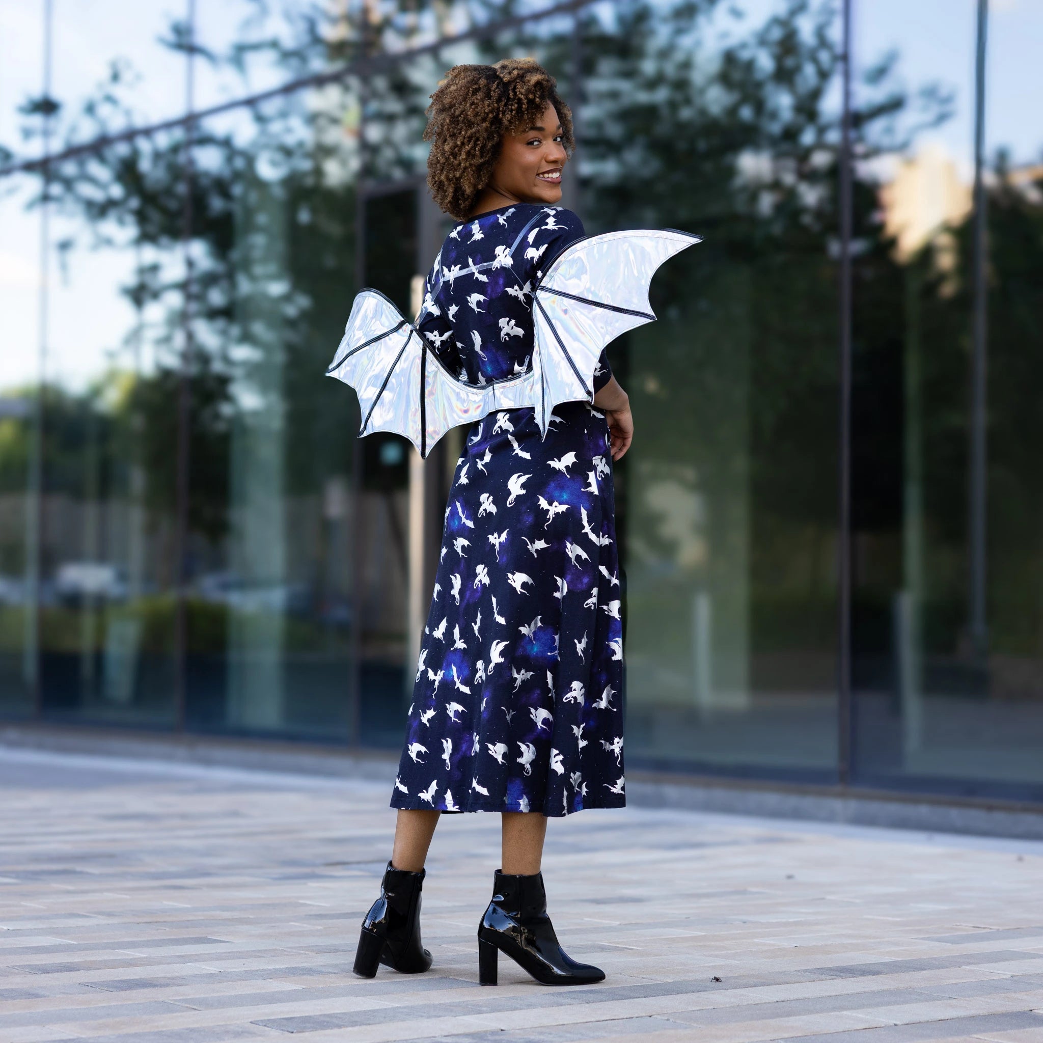 Dragons in Space 3/4th Sleeves Midi Dress (With Waist Seam)