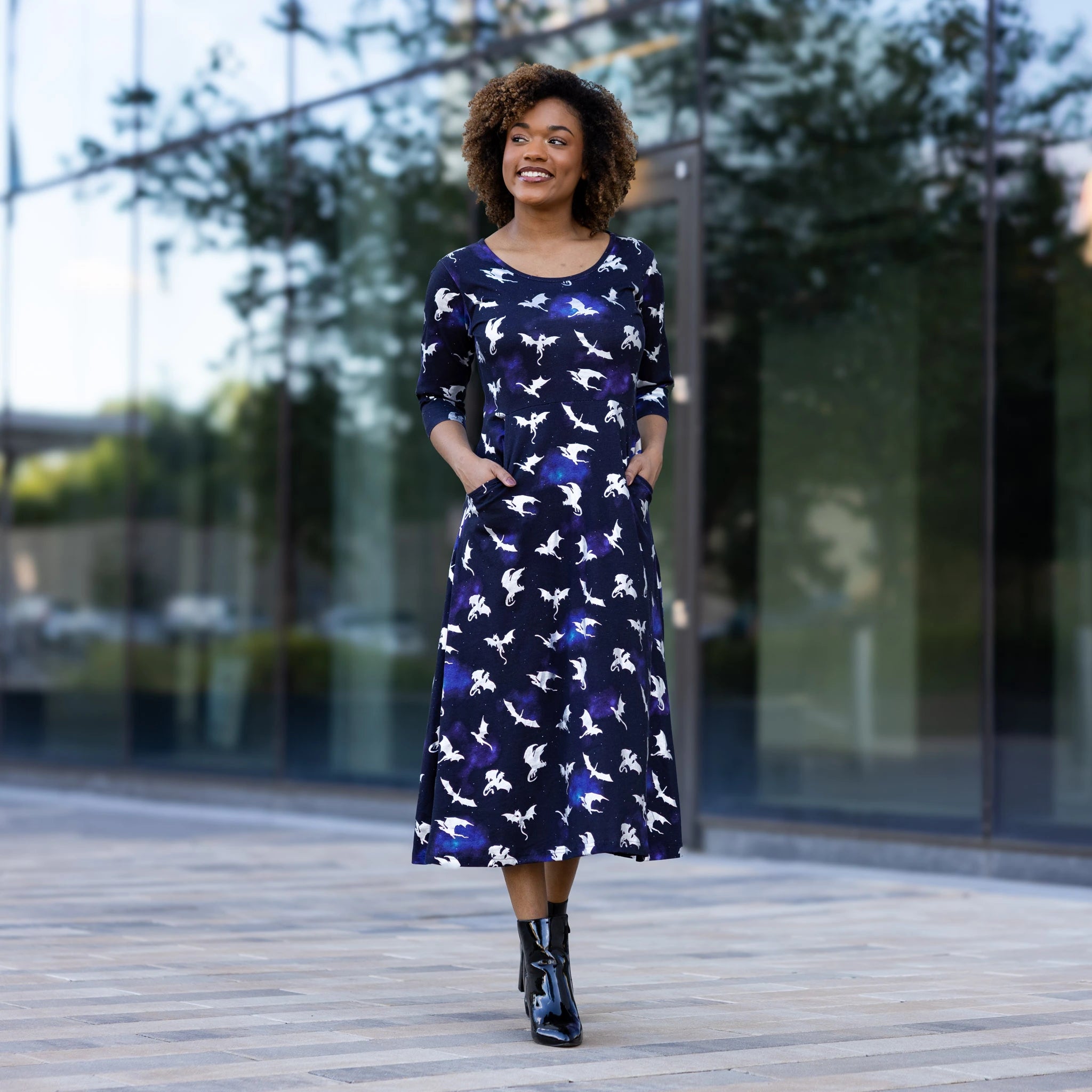 Dragons in Space 3/4th Sleeves Midi Dress (With Waist Seam)