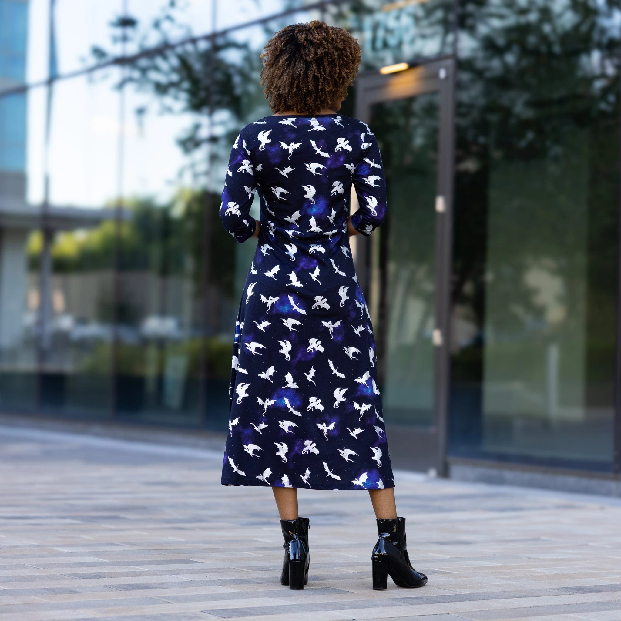 Dragons in Space 3/4th Sleeves Midi Dress (With Waist Seam)