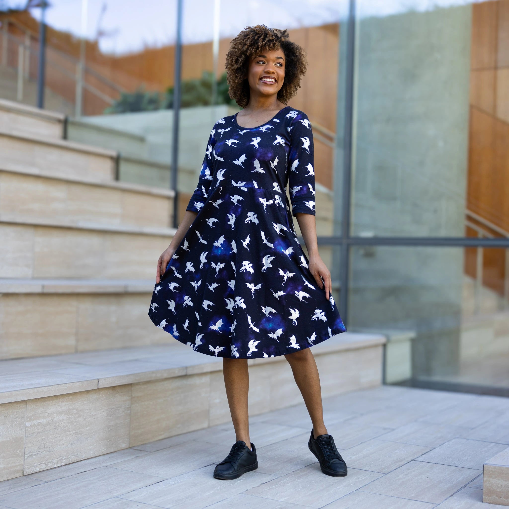 Dragons in Space 3/4th Sleeves Fit & Flare Dress