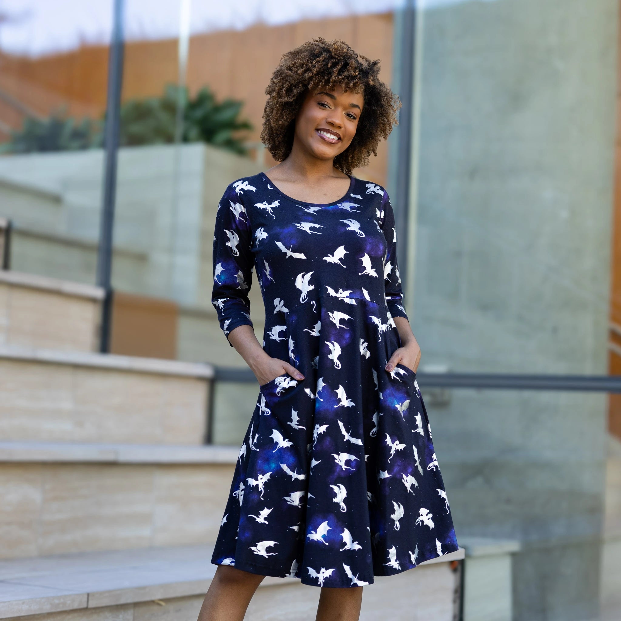 Dragons in Space 3/4th Sleeves Fit & Flare Dress
