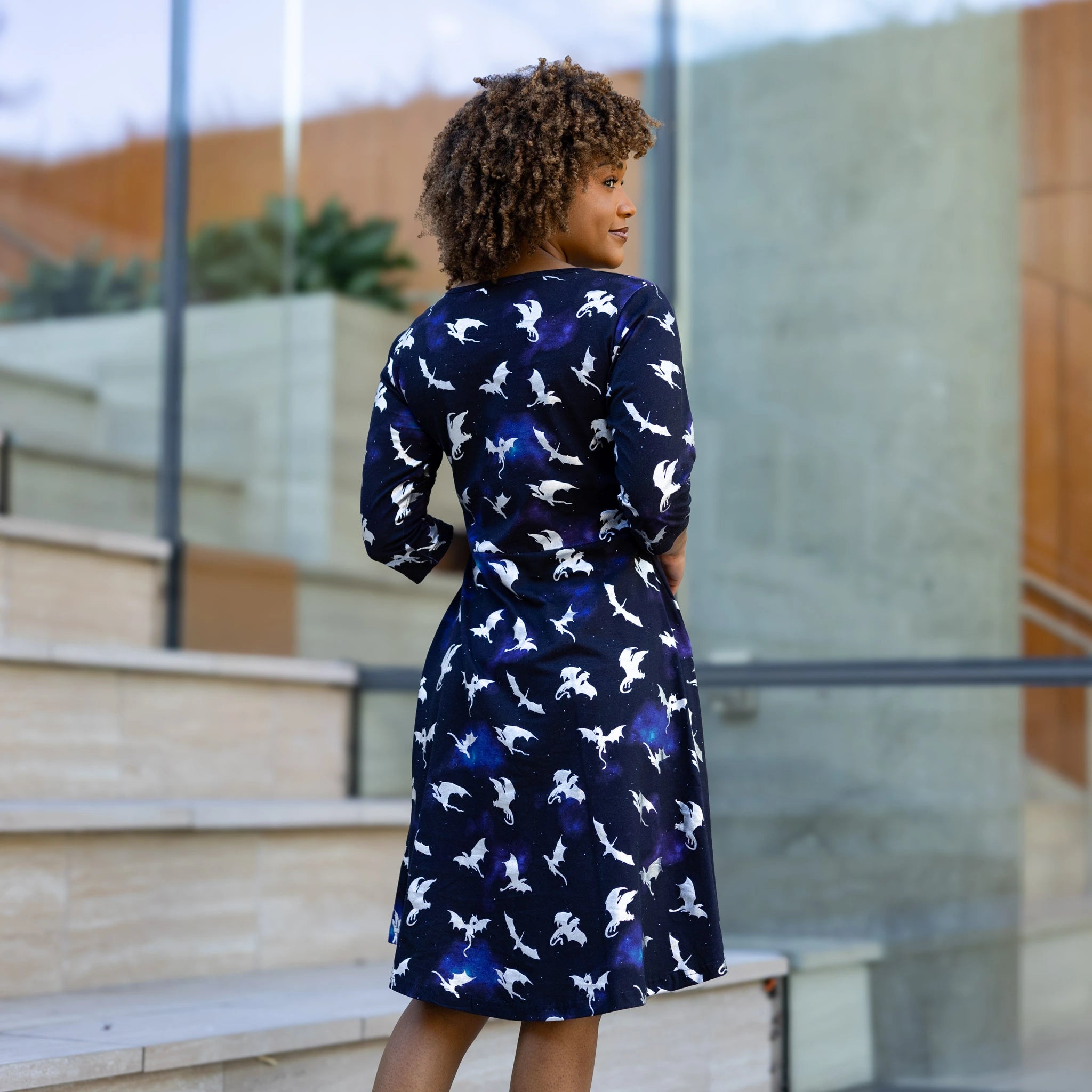 Dragons in Space 3/4th Sleeves Fit & Flare Dress