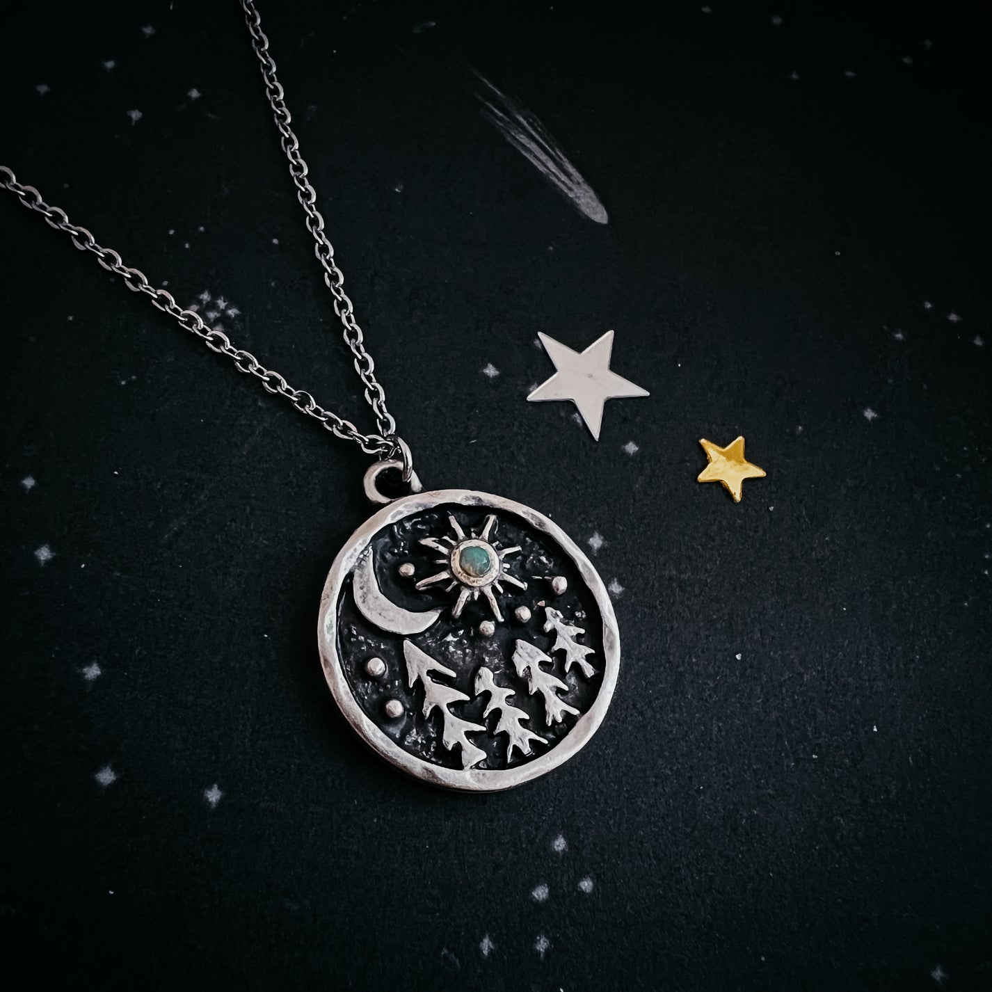 Starry Forest Night Pendant Necklace with Opal