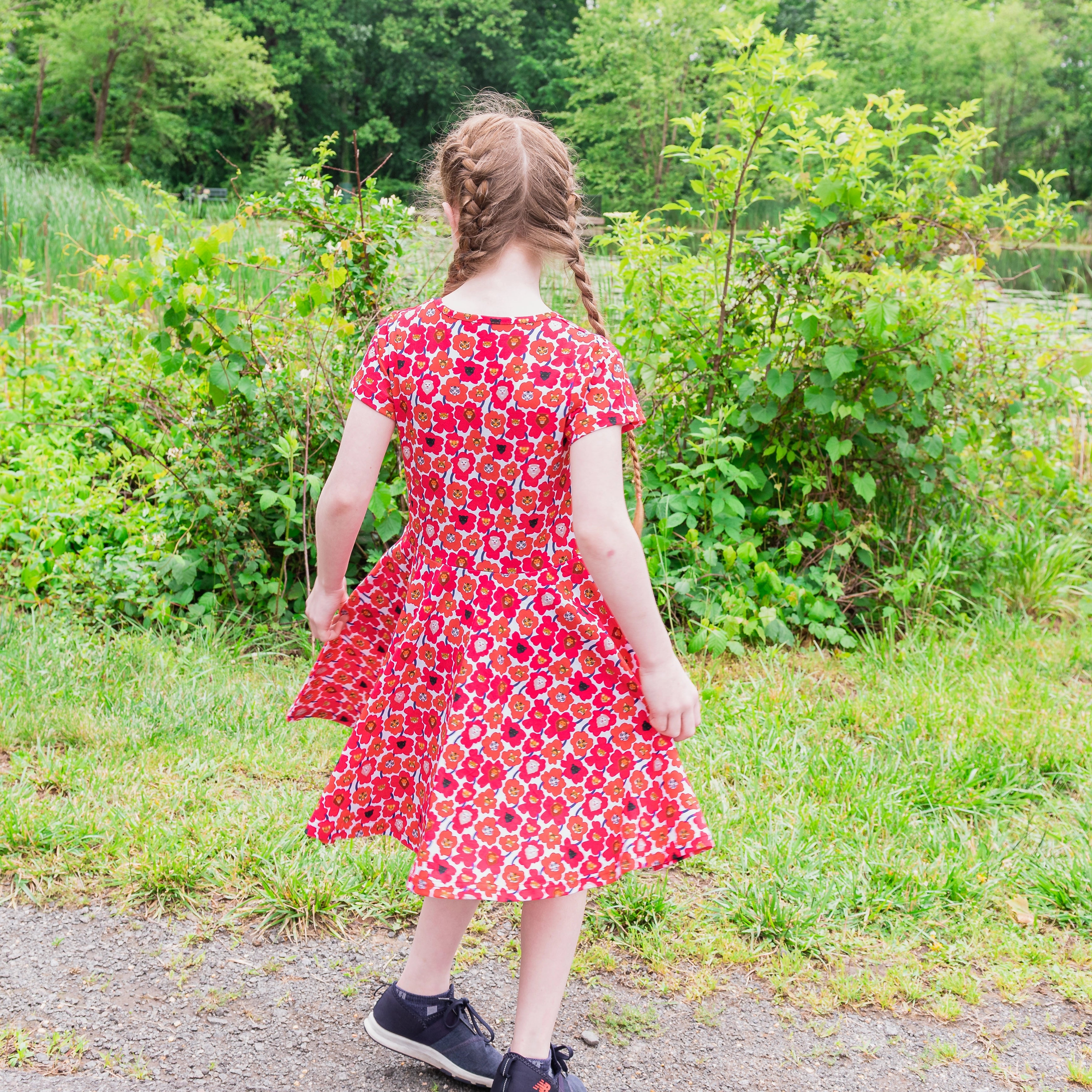 Floral Cat Family Kids Twirl Dress with Pockets