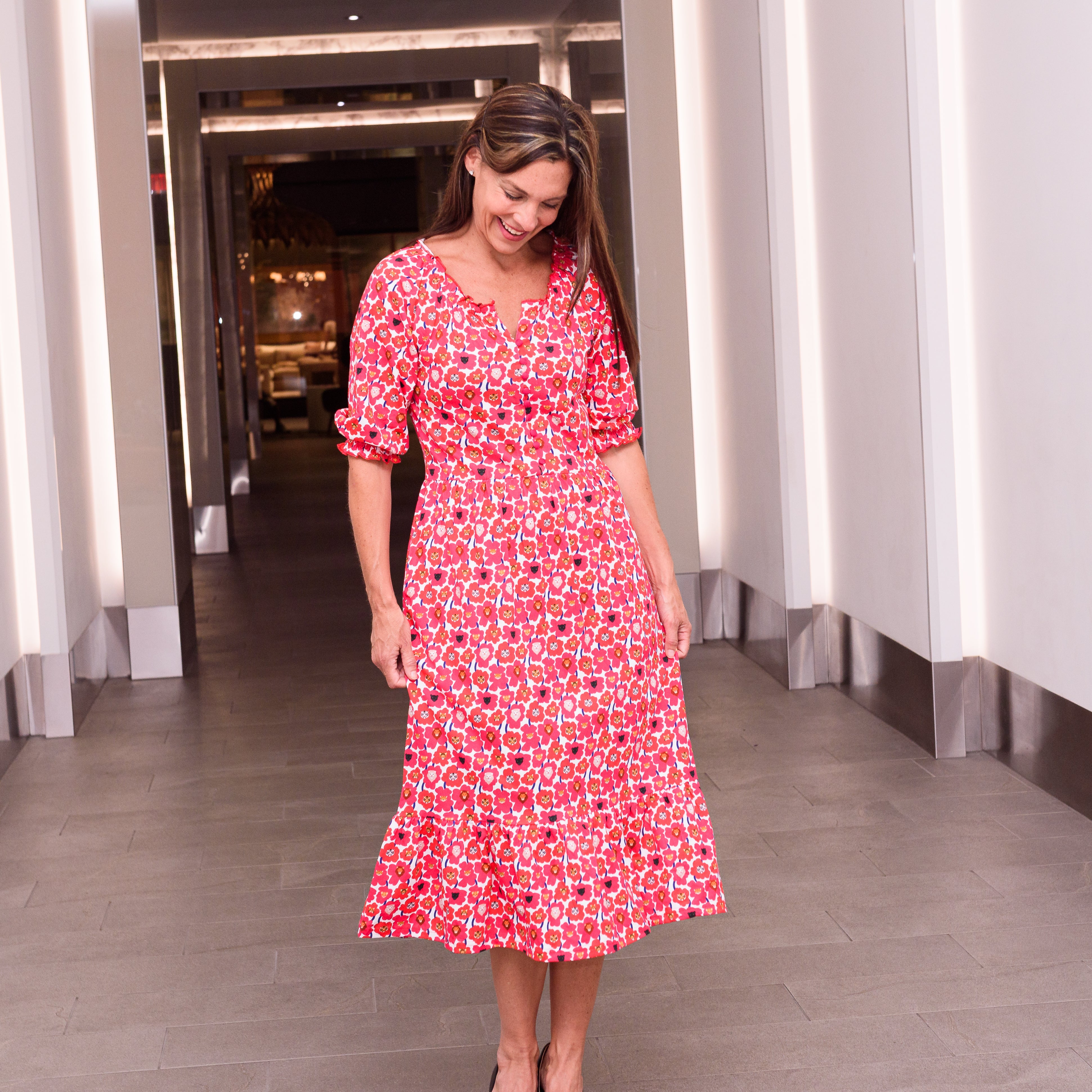 Floral Cat Family Midi Dress with Pockets