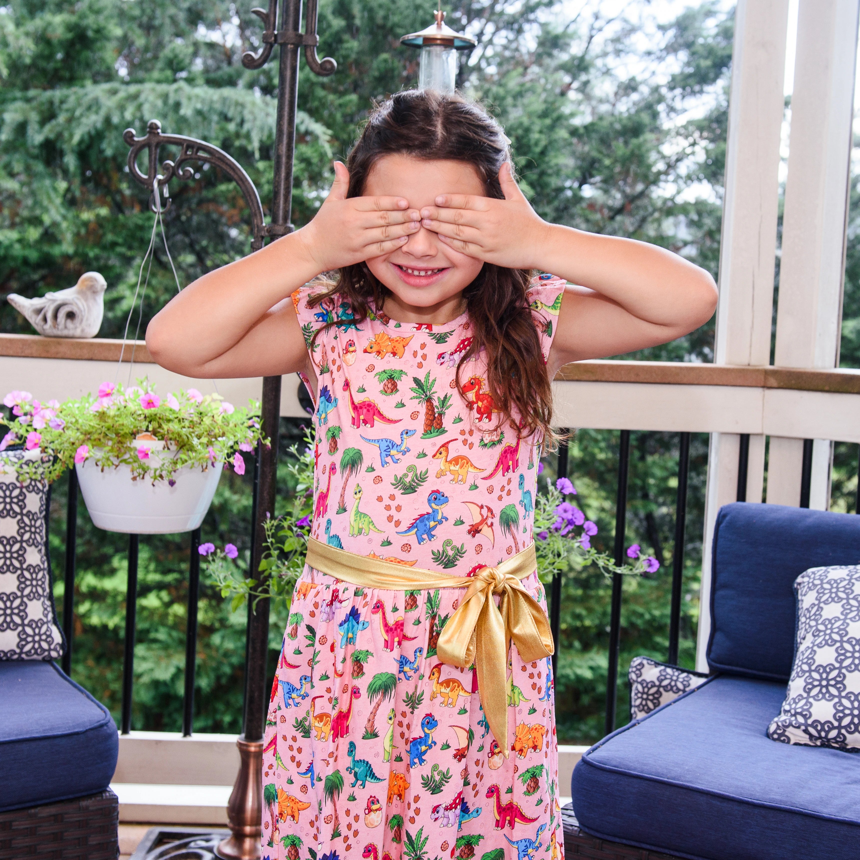 Floral Dinosaurs Kids Dress with Pockets