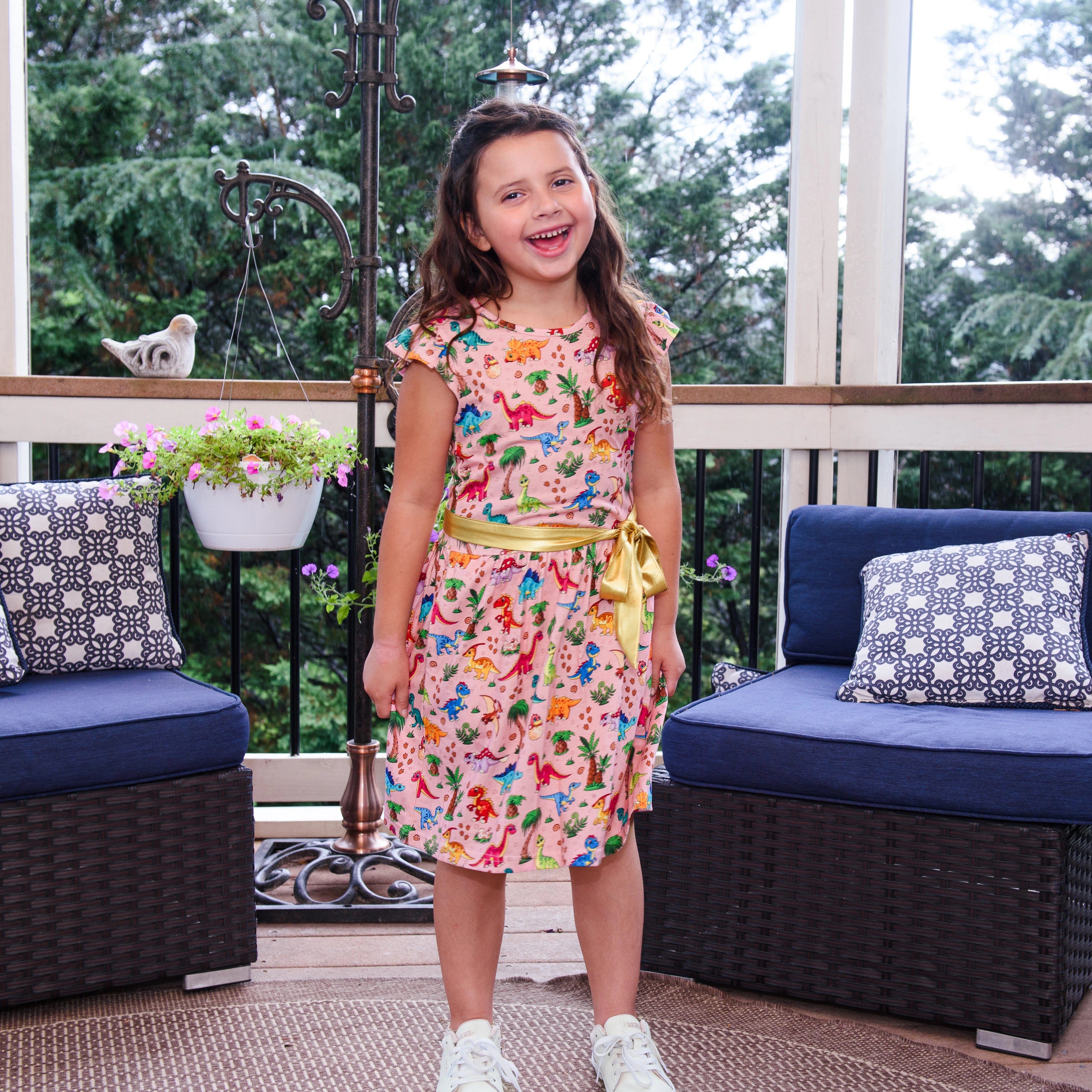 Floral Dinosaurs Kids Dress with Pockets
