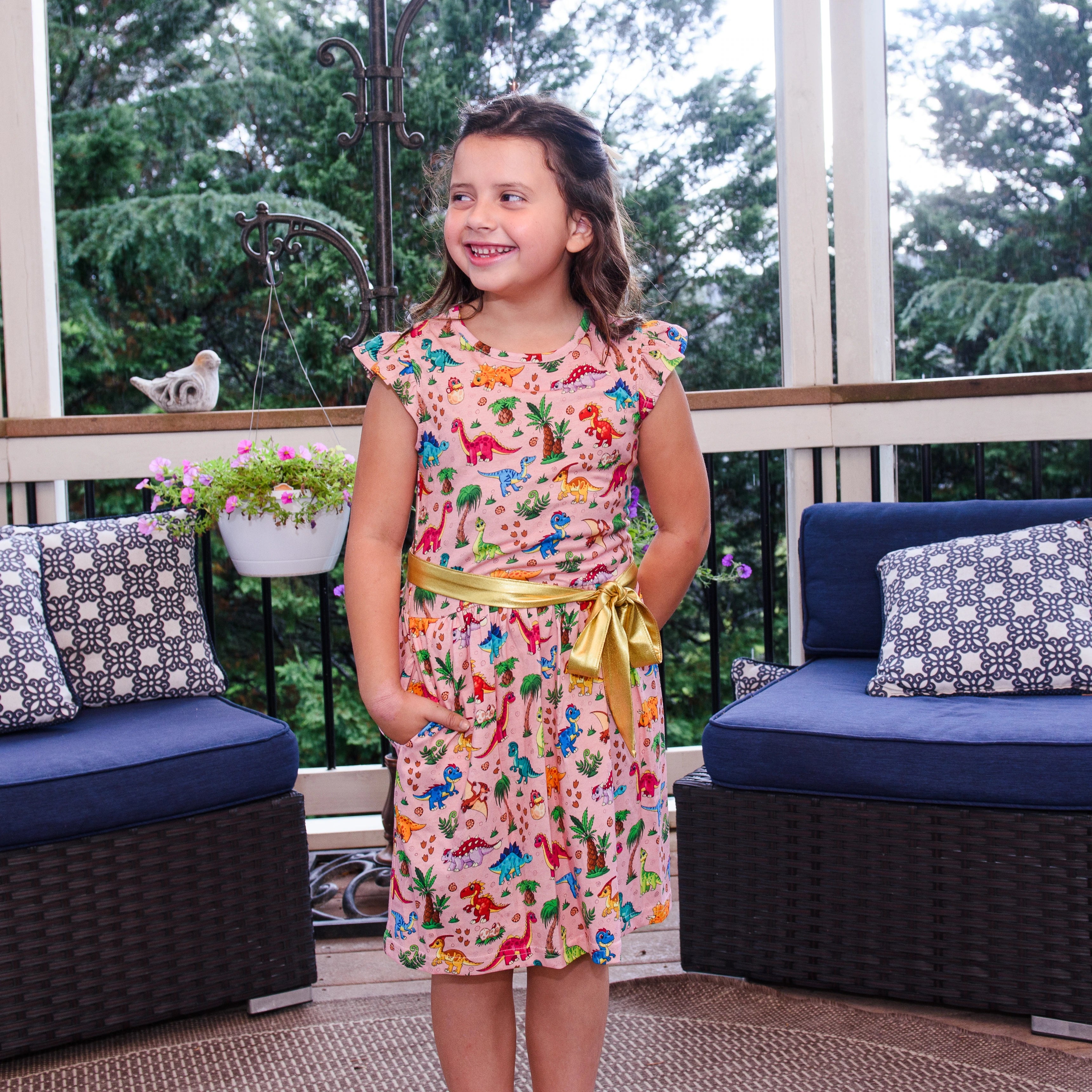 Floral Dinosaurs Kids Dress with Pockets