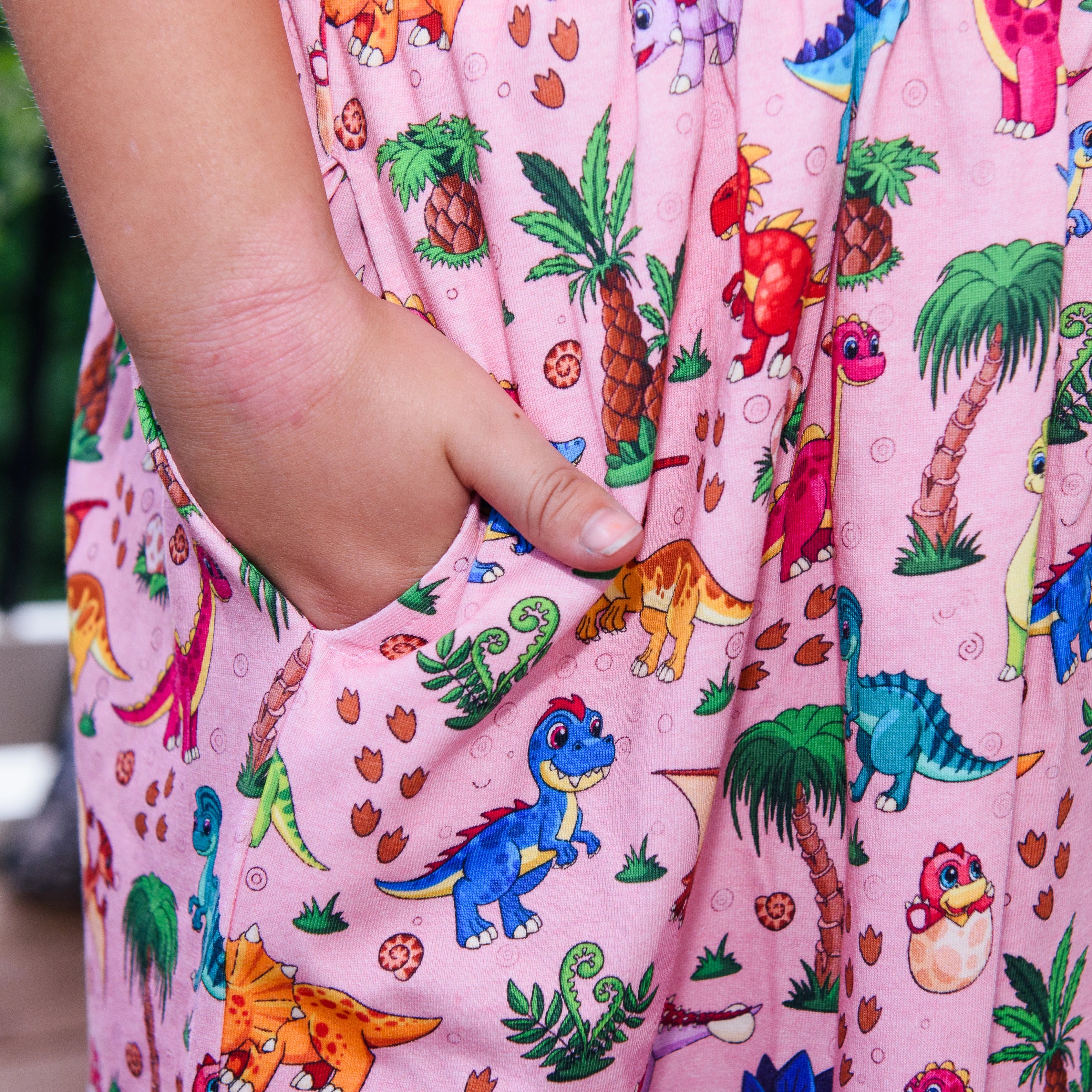 Floral Dinosaurs Kids Dress with Pockets