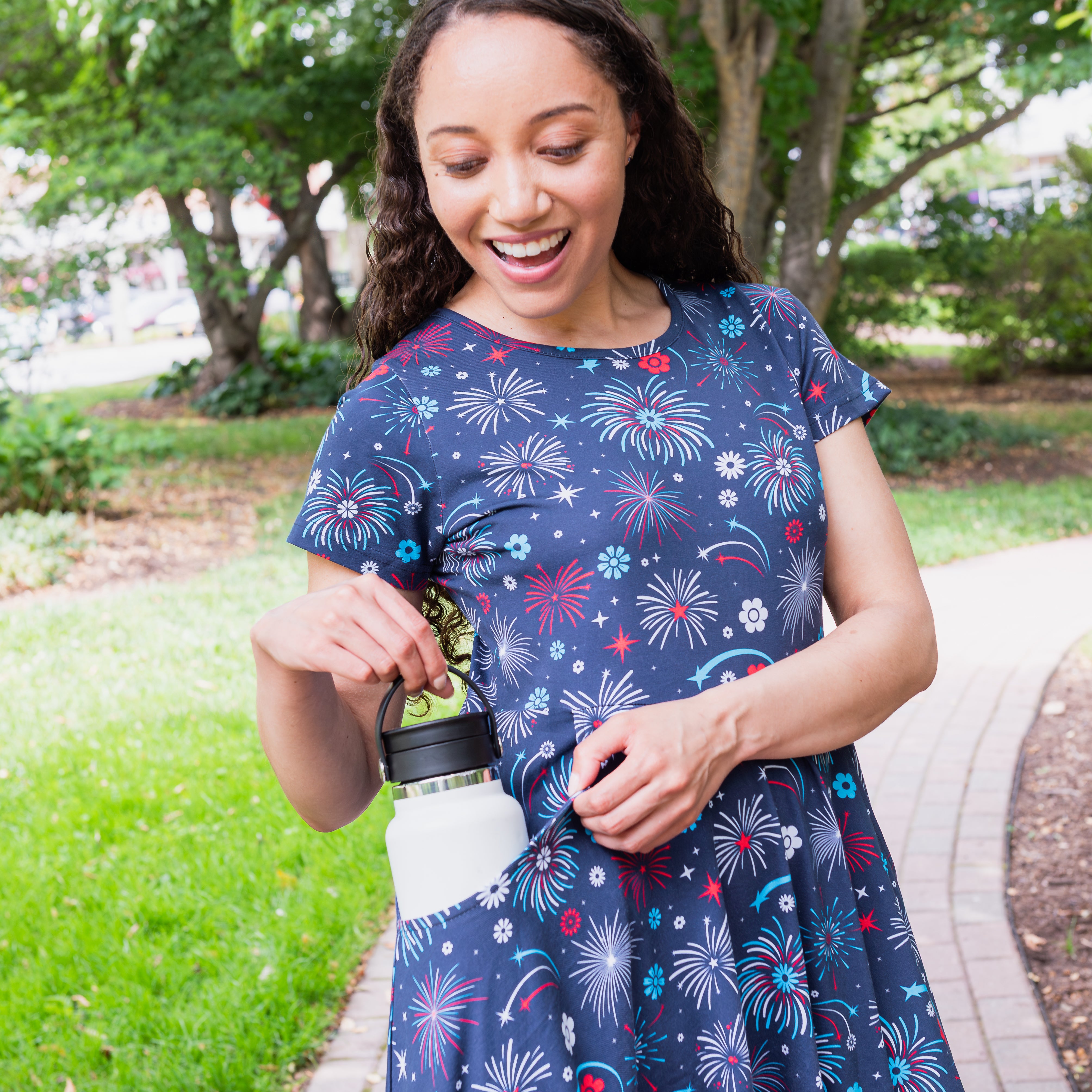 Floral Fireworks Petite Midi Twirl Dress with Pockets