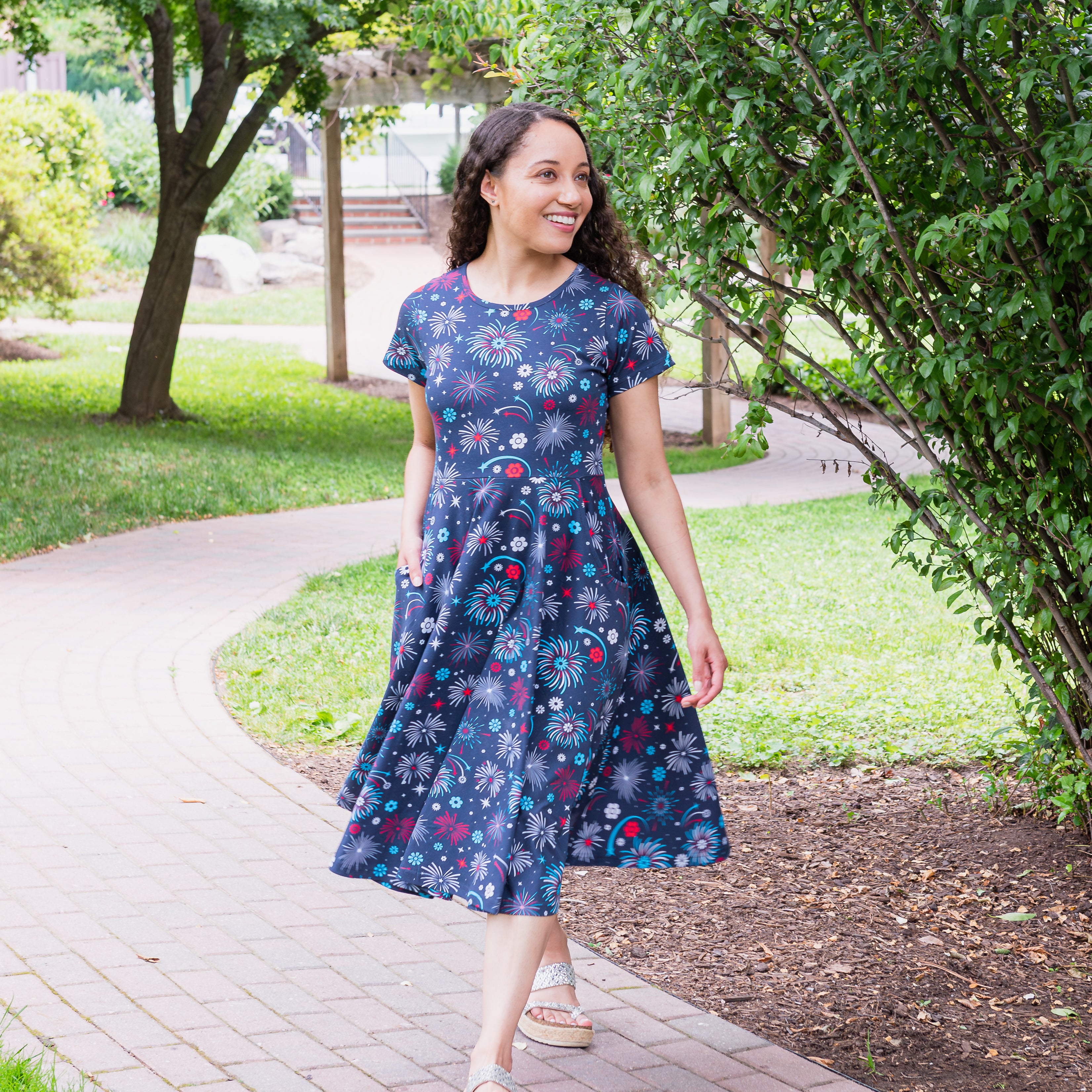Floral Fireworks Petite Midi Twirl Dress with Pockets