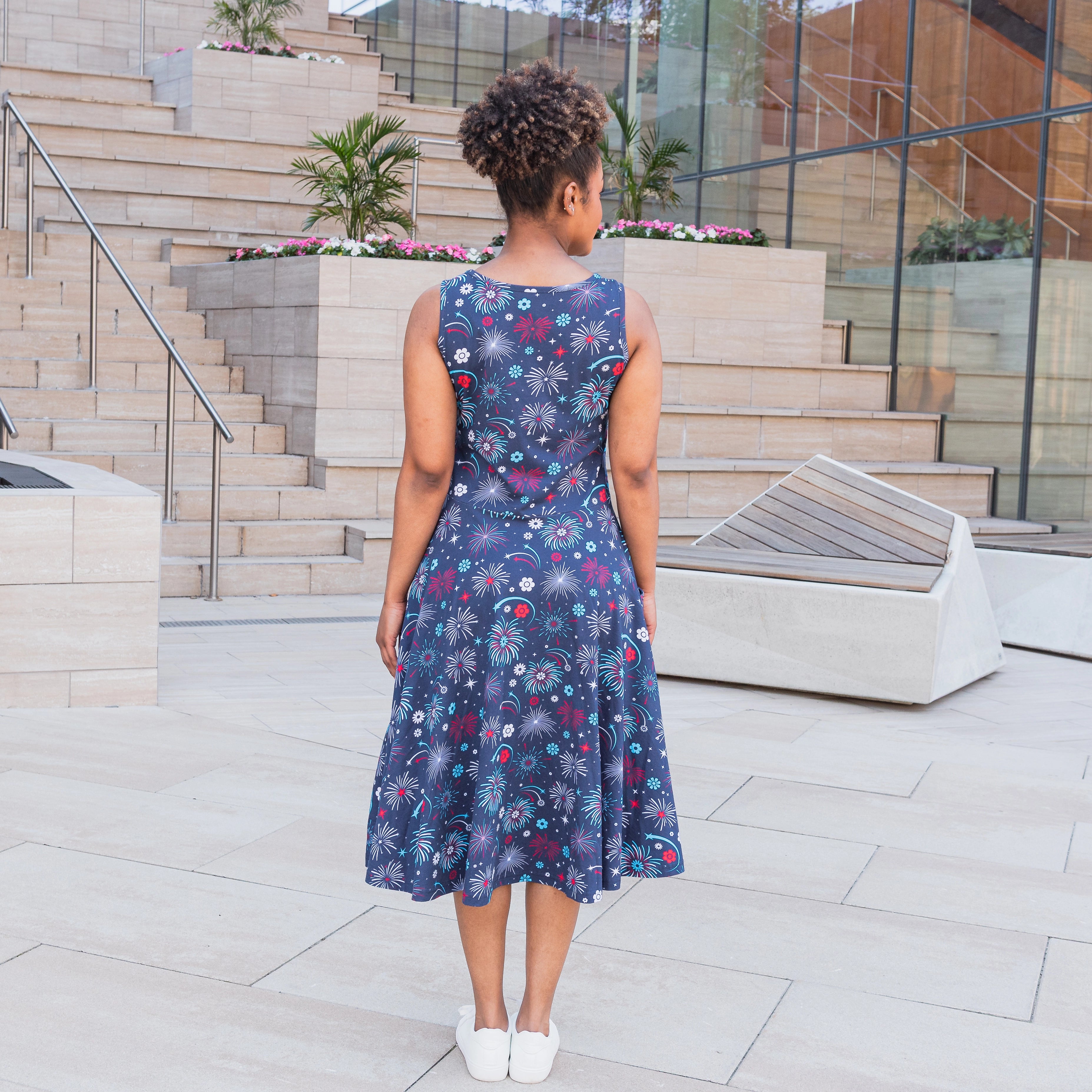 Floral Fireworks Sleeveless Twirl Dress with Pockets